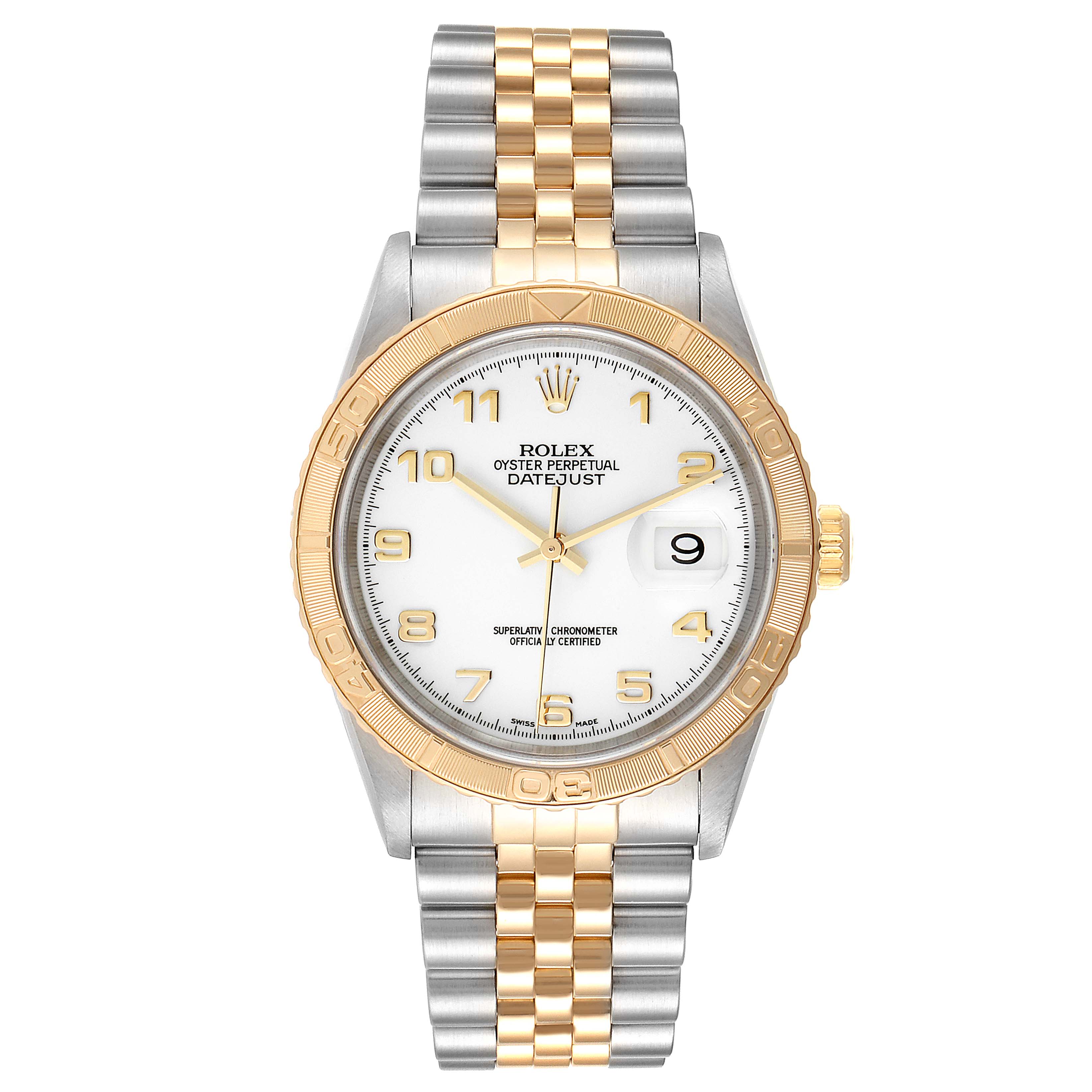 The image shows a Rolex Turn-o-Graph 16263 Men
s Steel and Gold (two tone) White Dial 16263 Men
s Steel and Gold (two tone) White Dial model watch viewed from the front, displaying its dial, bezel, and two-tone bracelet.
