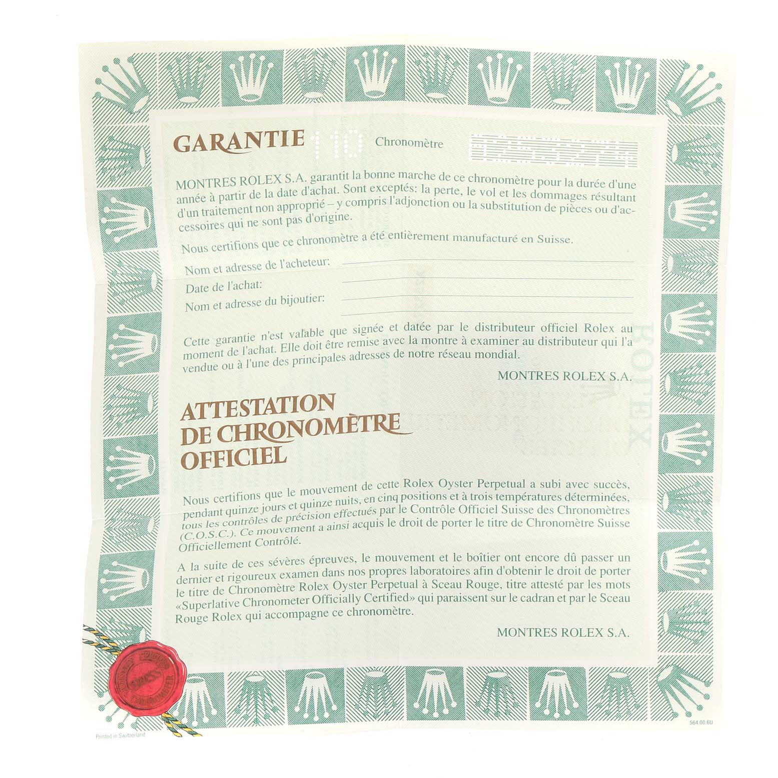 This is a certificate for a Rolex Turn-o-Graph 16263 Men
s Steel and Gold (two tone) White Dial 16263 Men
s Steel and Gold (two tone) White Dial watch, detailing the warranty and official chronometer certification.