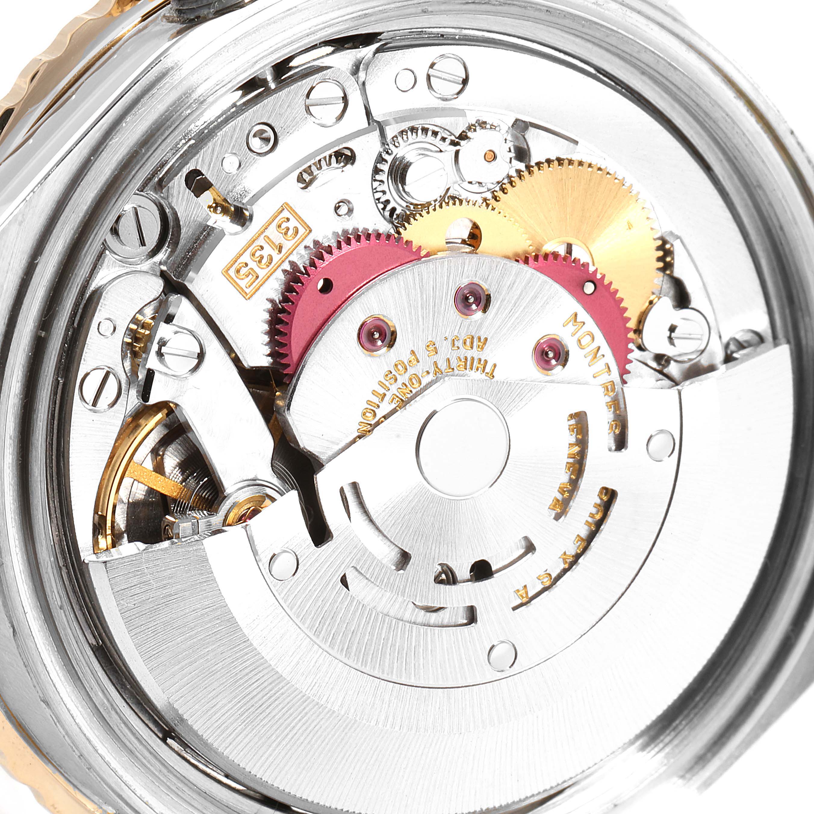 This image shows the intricate inner mechanics and movement parts of a Rolex Turn-o-Graph 16263 Men
s Steel and Gold (two tone) White Dial 16263 Men
s Steel and Gold (two tone) White Dial watch viewed from the back.