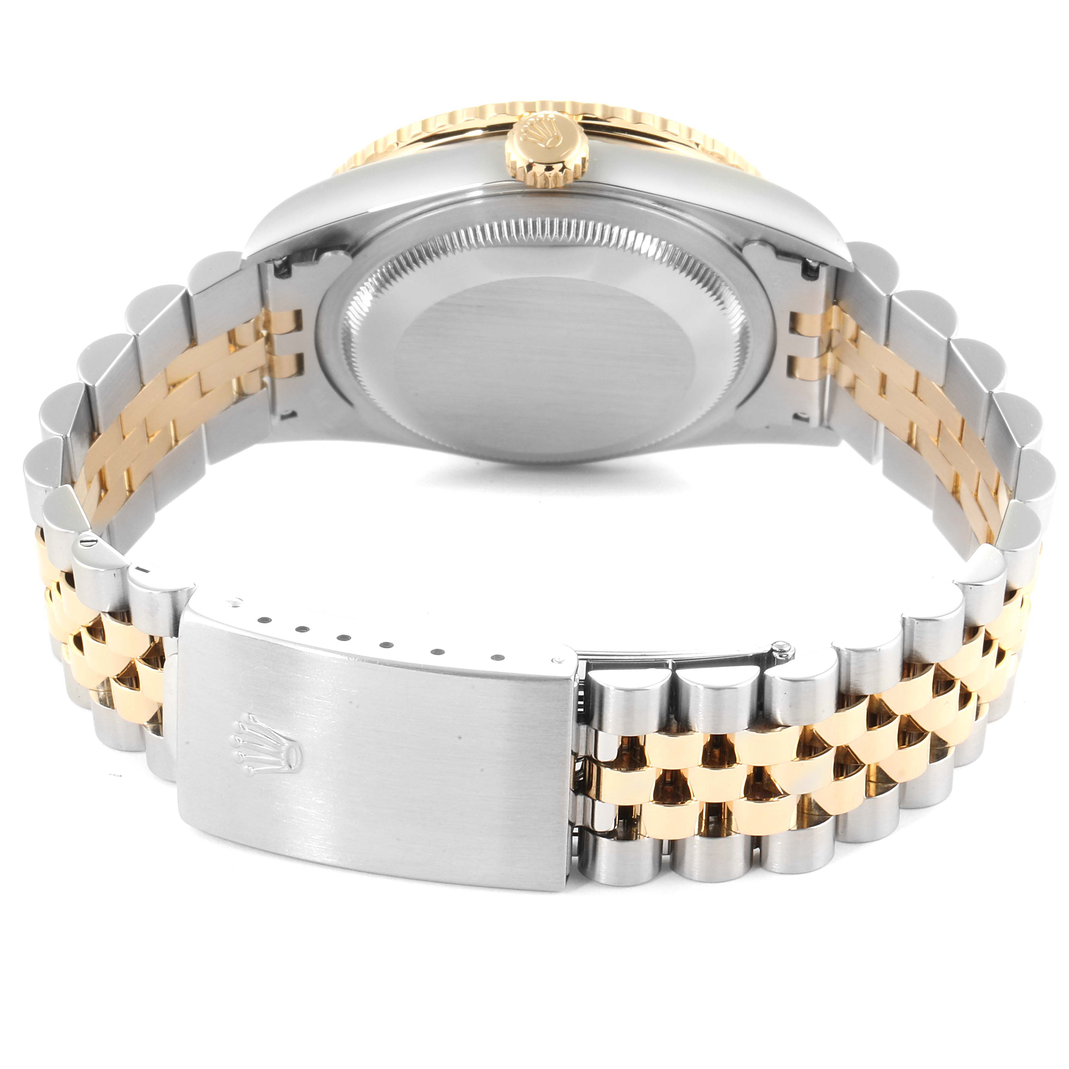 The image shows the back view of a Rolex Turn-o-Graph 16263 Men
s Steel and Gold (two tone) White Dial 16263 Men
s Steel and Gold (two tone) White Dial watch, highlighting the bracelet clasp and case back.