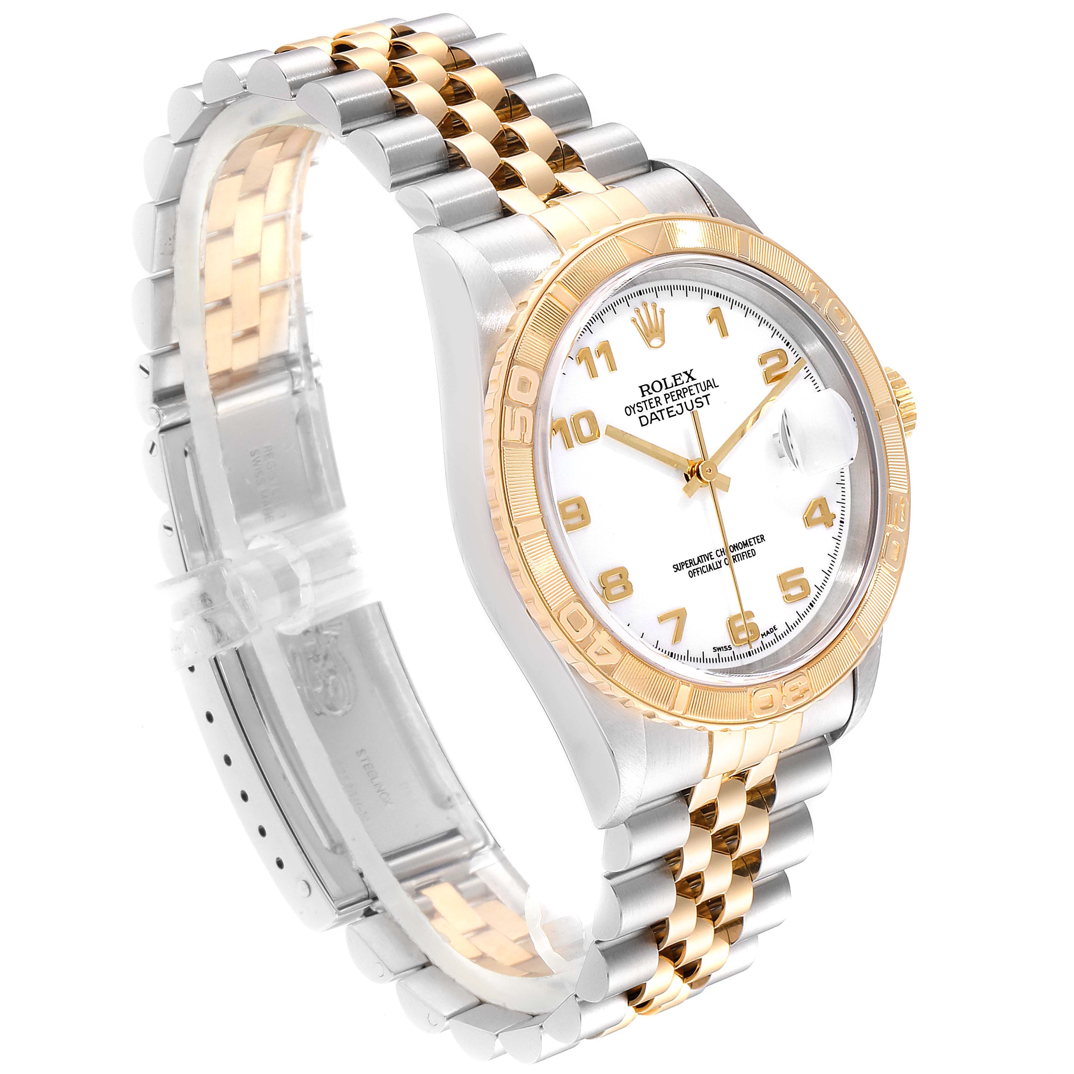 This image shows a Rolex Turn-o-Graph 16263 Men
s Steel and Gold (two tone) White Dial 16263 Men
s Steel and Gold (two tone) White Dial watch at a three-quarter angle, highlighting the dial, bezel, bracelet, and clasp.