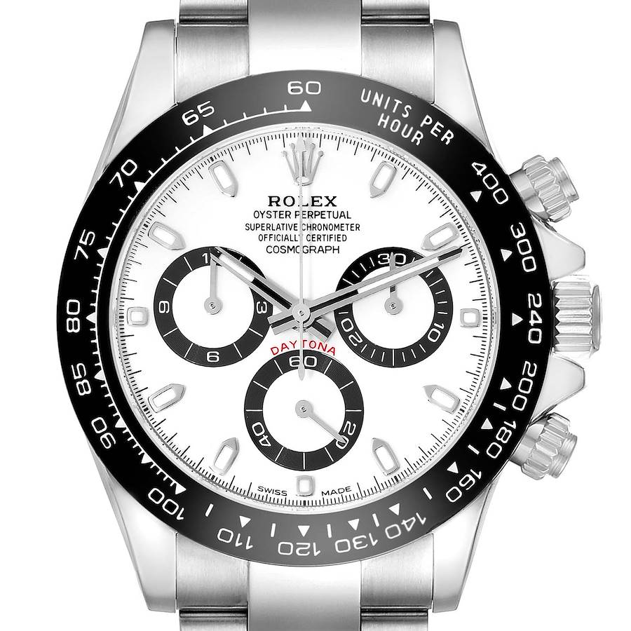 The image displays a front view of the Rolex Daytona watch, showcasing its face, bezel, and push buttons.