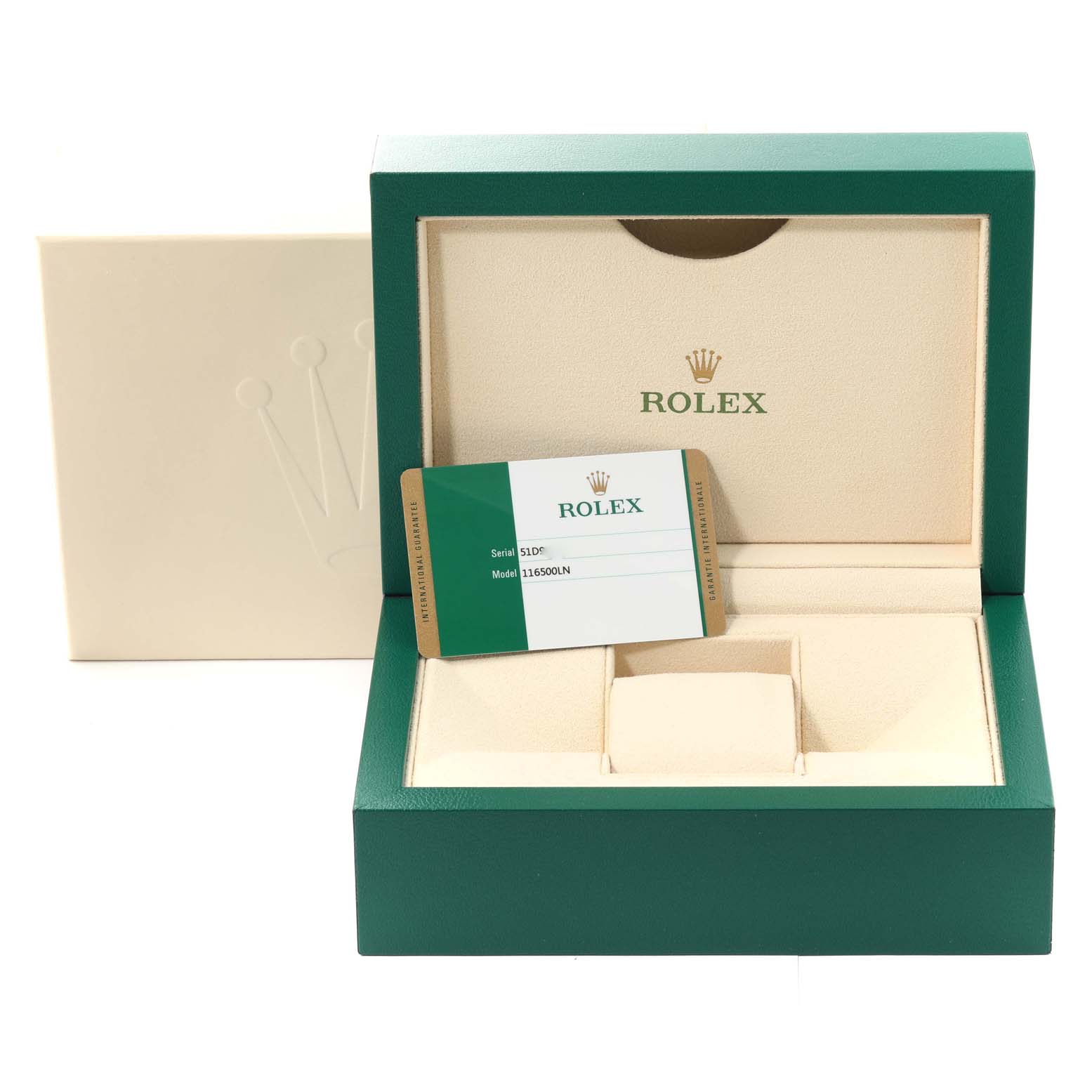 The image shows the open box and warranty card for a Rolex Daytona 116500 Men's Stainless Steel White Dial 116500 Men's Stainless Steel White Dial model, angled to display the interior and accessory compartments.