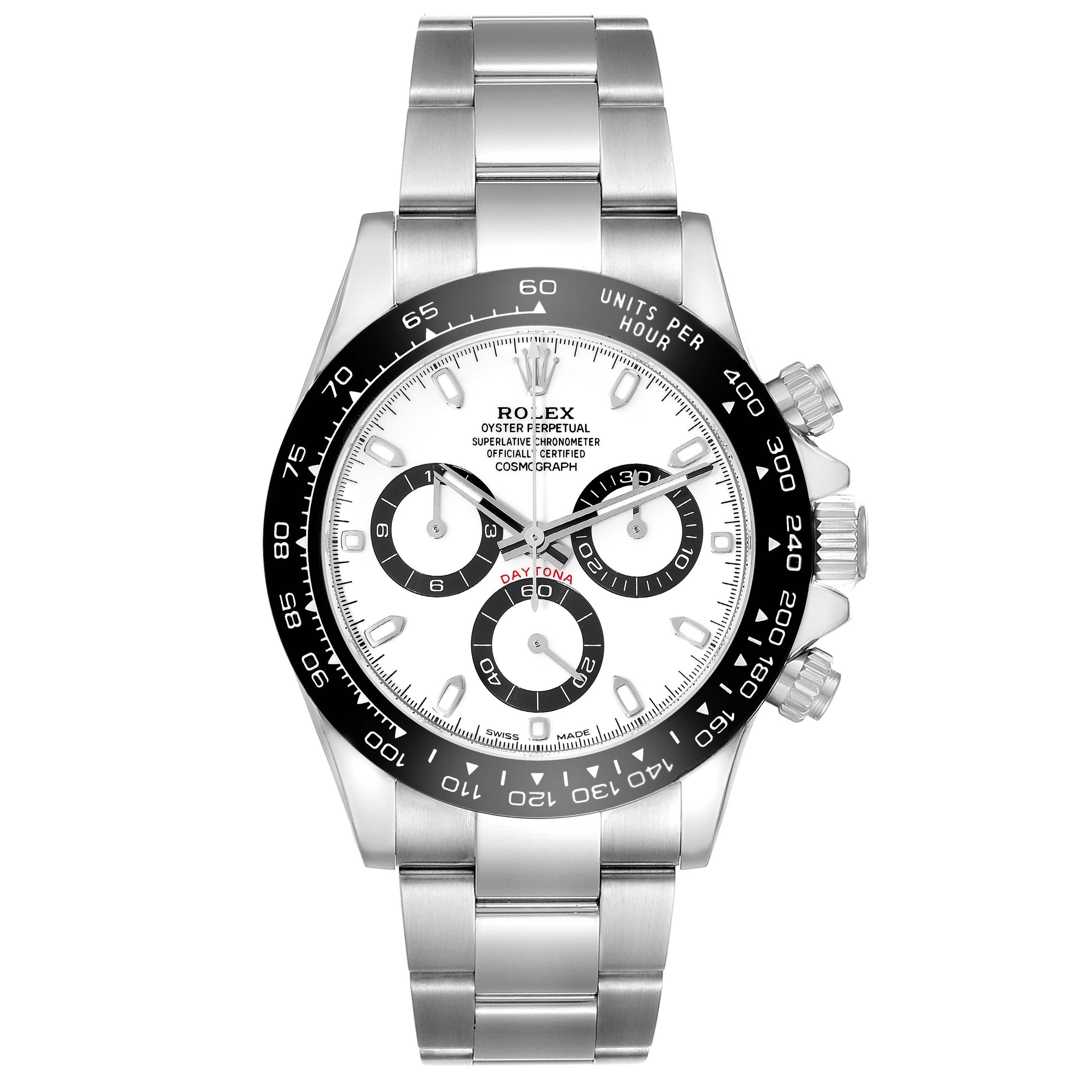 The image shows the Rolex Daytona 116500 Men's Stainless Steel White Dial 116500 Men's Stainless Steel White Dial watch from a front angle, highlighting the face, bezel, and bracelet.
