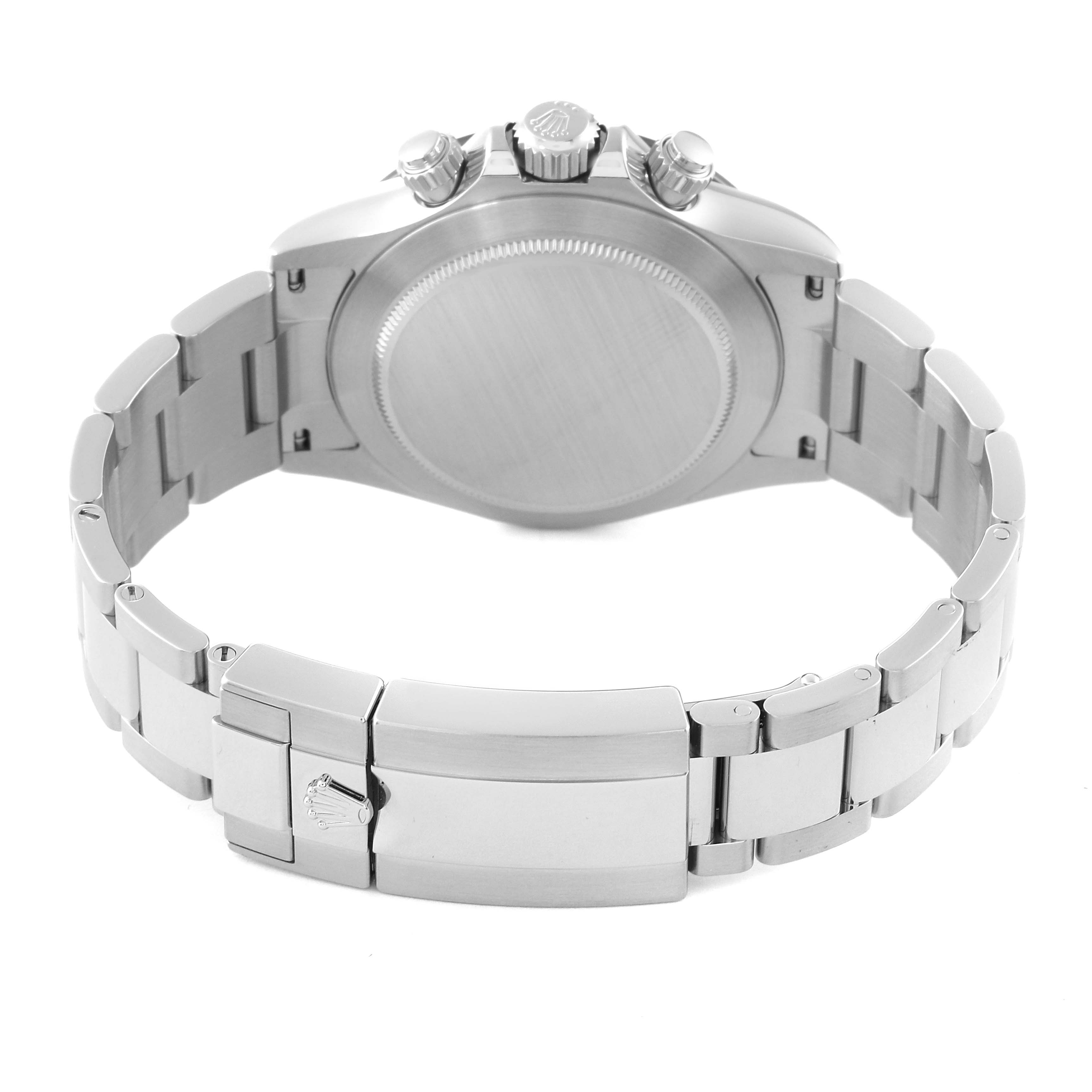 This image shows the back view of a Rolex Daytona 116500 Men's Stainless Steel White Dial 116500 Men's Stainless Steel White Dial watch, highlighting the bracelet, clasp, and screw-down case back.