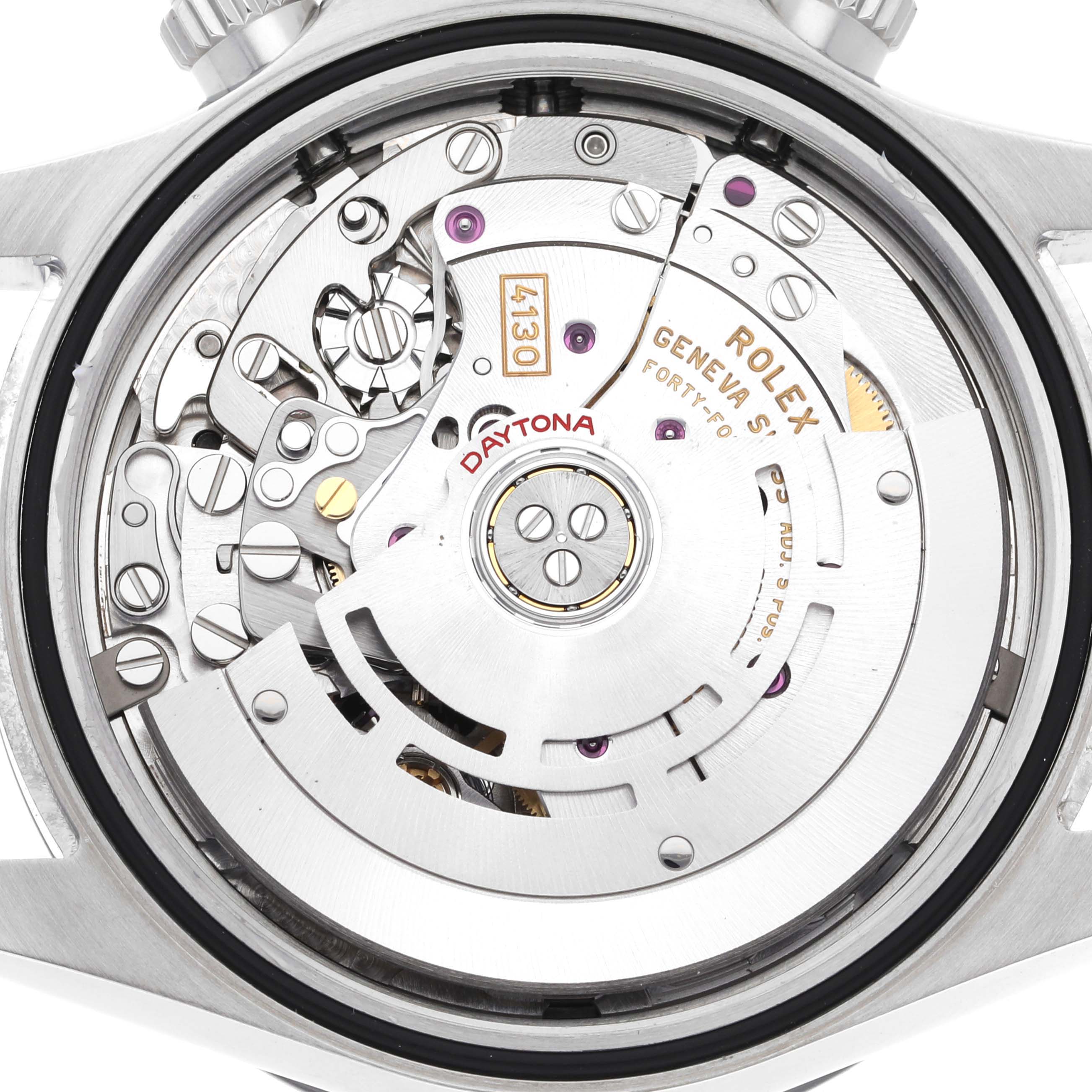 This image shows the back view of a Rolex Daytona 116500 Men's Stainless Steel White Dial 116500 Men's Stainless Steel White Dial watch, revealing its intricate internal mechanical movement.