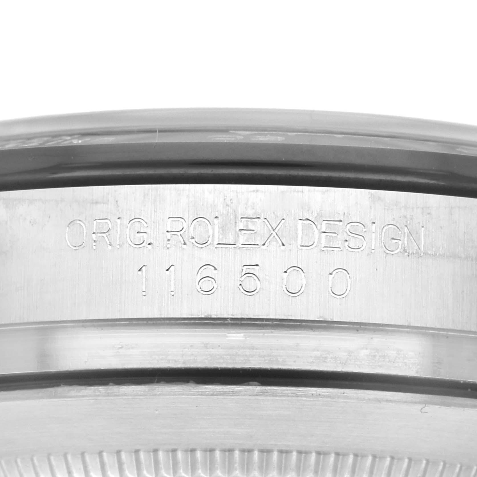 This image shows a close-up of the case side of a Rolex Daytona 116500 Men's Stainless Steel White Dial 116500 Men's Stainless Steel White Dial watch, highlighting the model number 116500 engraved on it.