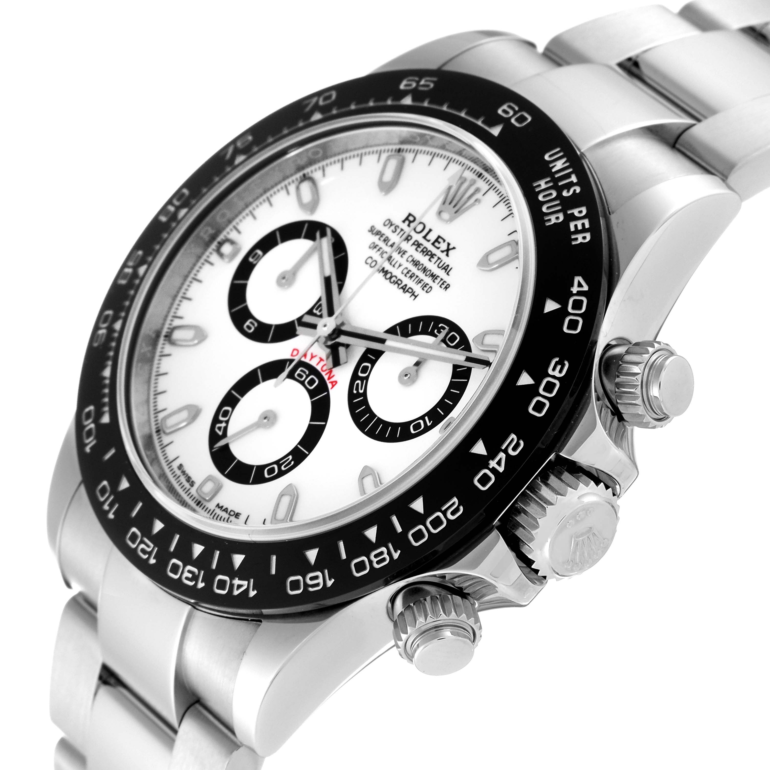 This image shows a close-up angle of a Rolex Daytona 116500 Men's Stainless Steel White Dial 116500 Men's Stainless Steel White Dial watch, highlighting the dial and bezel with side view of the pushers and crown.