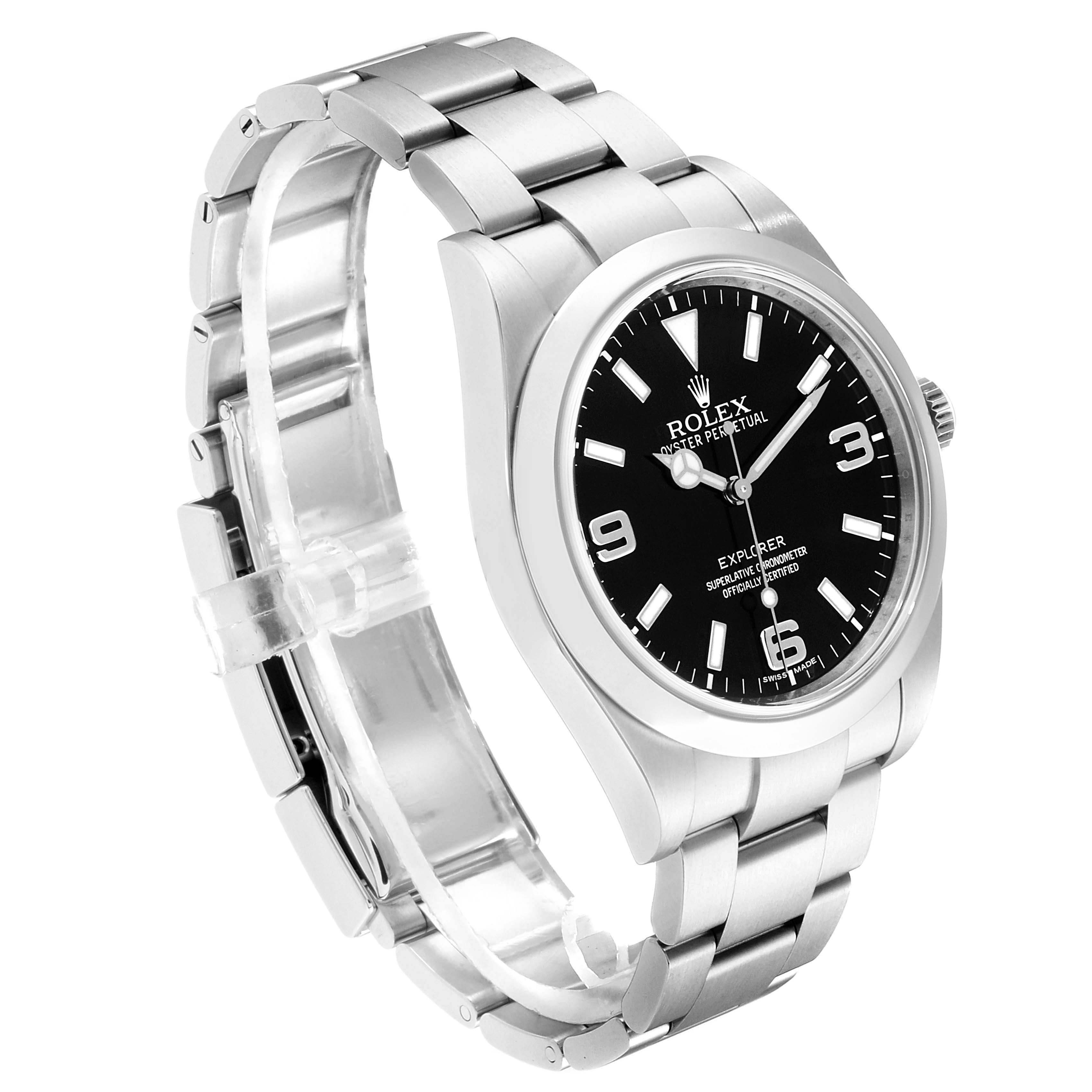 The Rolex Explorer 214270 Men
s Stainless Steel Black Dial 214270 Men
s Stainless Steel Black Dial model watch is shown at a slightly angled side view, showcasing the case, bezel, dial, and stainless steel bracelet.