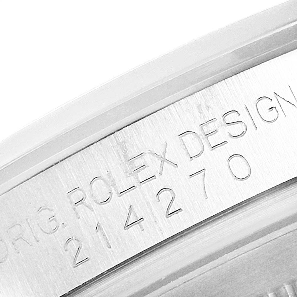 This image shows a close-up view of the case side inscription on a Rolex Explorer 214270 Men
s Stainless Steel Black Dial 214270 Men
s Stainless Steel Black Dial watch with the model number 214270.