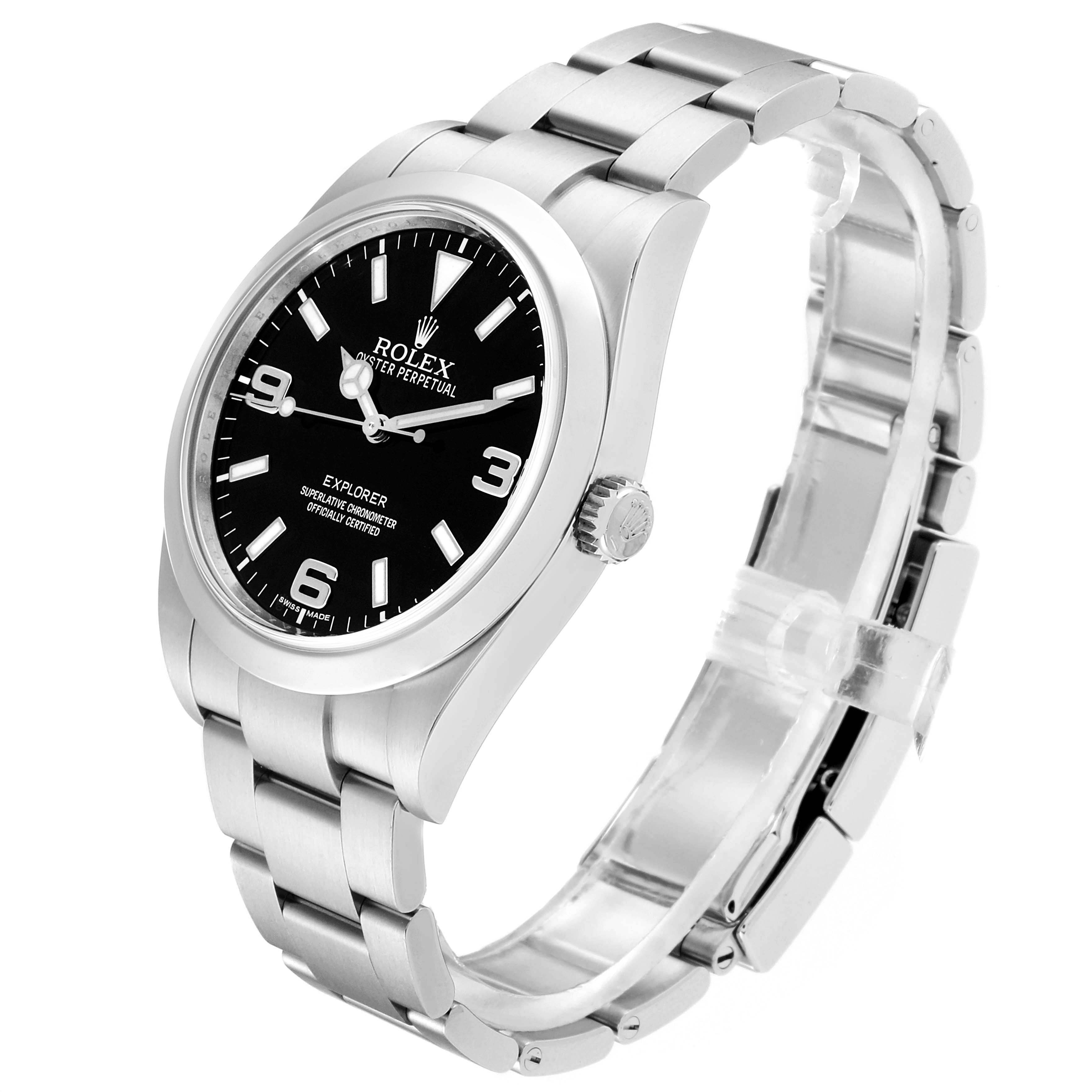 This image shows a Rolex Explorer 214270 Men
s Stainless Steel Black Dial 214270 Men
s Stainless Steel Black Dial watch at an angle highlighting the face, bezel, crown, and bracelet.