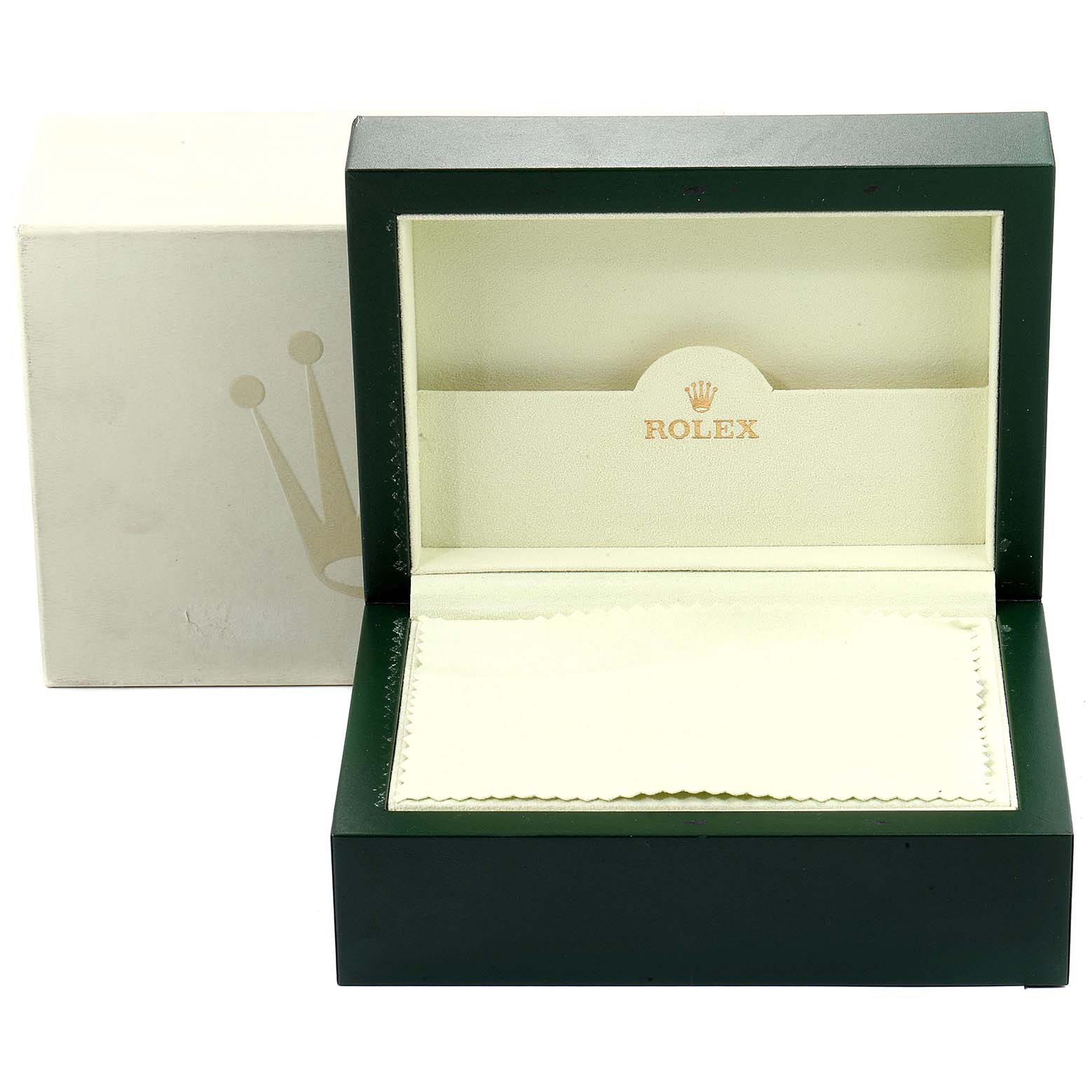 The image shows an open Rolex Explorer 214270 Men
s Stainless Steel Black Dial 214270 Men
s Stainless Steel Black Dial model watch box with the inner compartment and the Rolex logo visible.