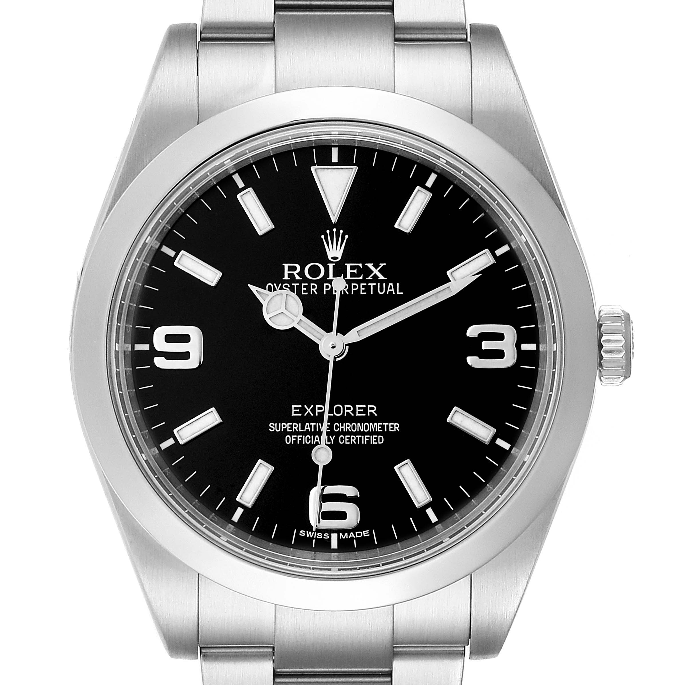 The image shows a front view of the Rolex Explorer 214270 Men
s Stainless Steel Black Dial 214270 Men
s Stainless Steel Black Dial watch, displaying the dial, hands, case, and part of the bracelet.