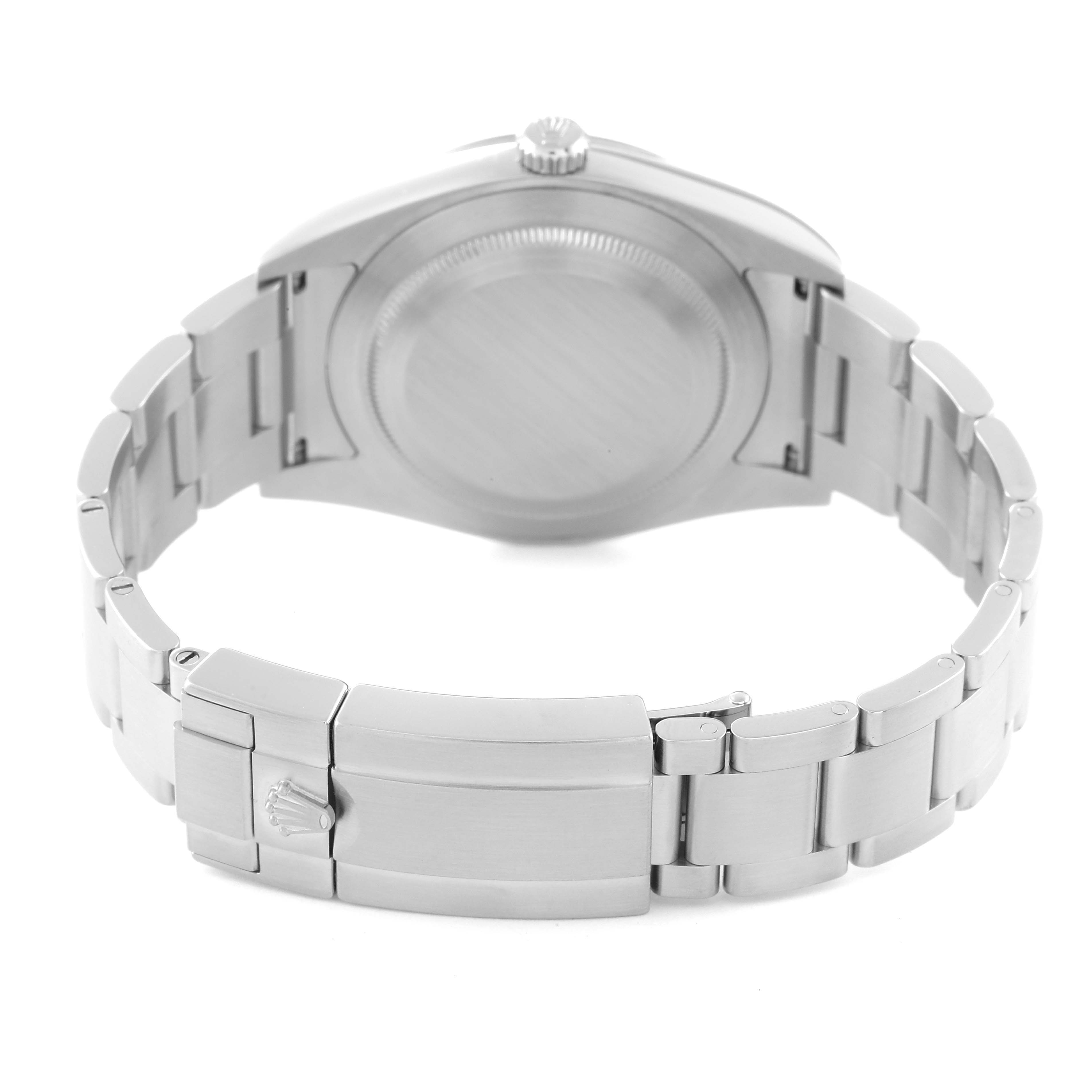 This image shows the back view of a Rolex Explorer 214270 Men's Stainless Steel Black Dial 214270 Men's Stainless Steel Black Dial watch, highlighting its case back and stainless steel bracelet.