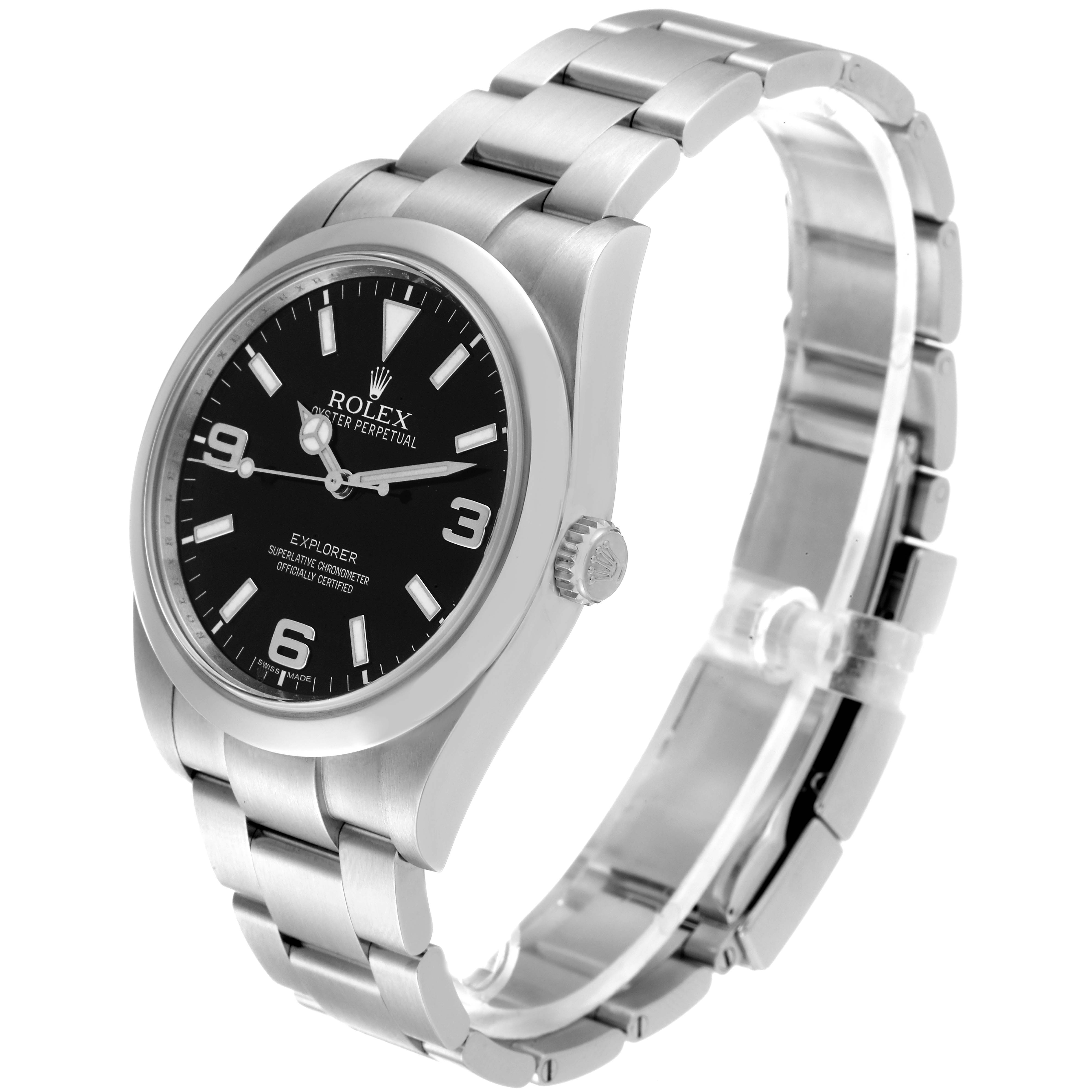 The image shows a side angle of the Rolex Explorer 214270 Men's Stainless Steel Black Dial 214270 Men's Stainless Steel Black Dial watch, highlighting its face, bezel, crown, and band.