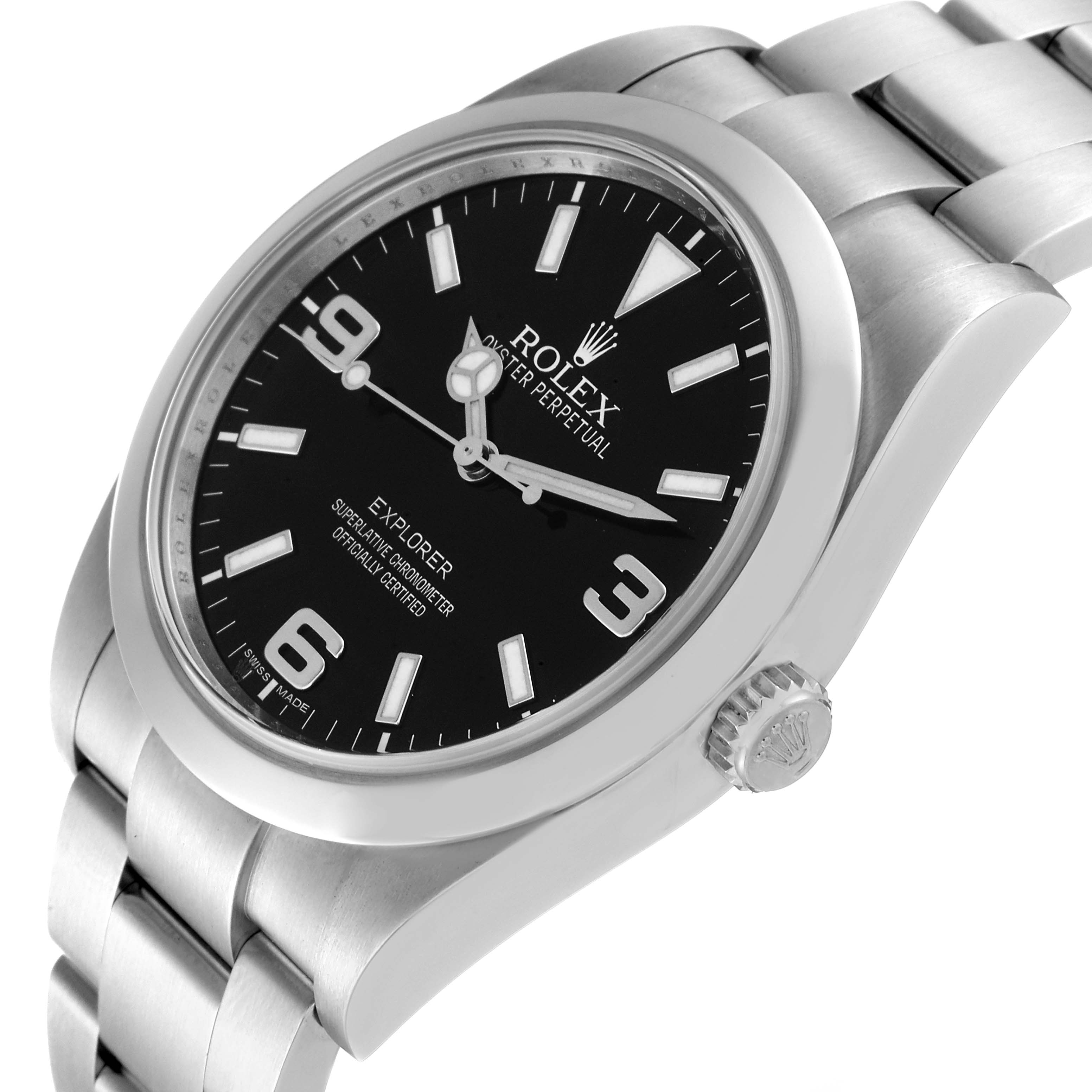 The image shows a close-up angled view of the Rolex Explorer 214270 Men's Stainless Steel Black Dial 214270 Men's Stainless Steel Black Dial watch, highlighting the dial, bezel, crown, and part of the bracelet.