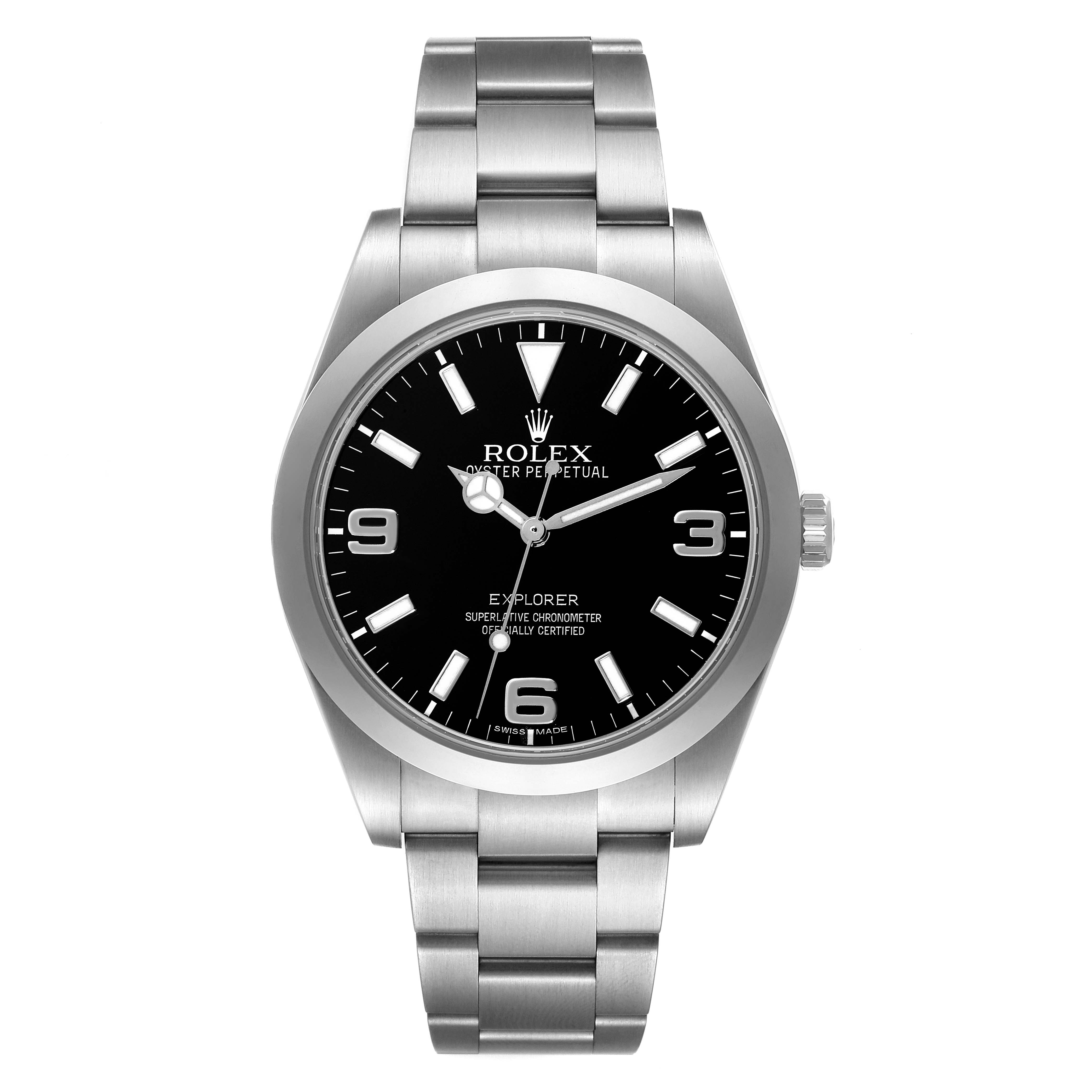The image shows a front view of a Rolex Explorer 214270 Men's Stainless Steel Black Dial 214270 Men's Stainless Steel Black Dial watch, highlighting its dial, hands, casing, and bracelet.
