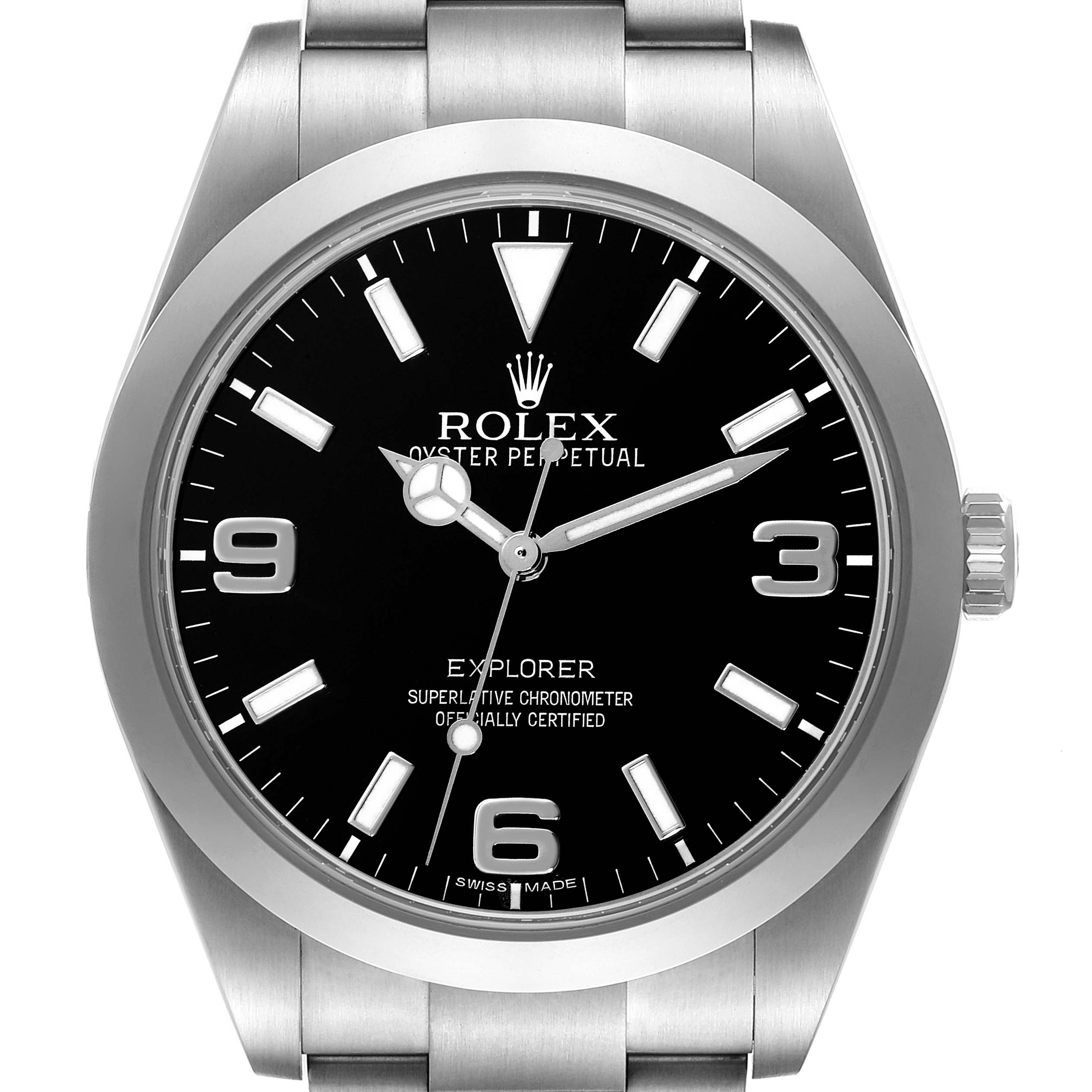 The image shows a front view of a Rolex Explorer 214270 Men's Stainless Steel Black Dial 214270 Men's Stainless Steel Black Dial watch, highlighting its black dial, silver hands, and stainless steel bracelet.
