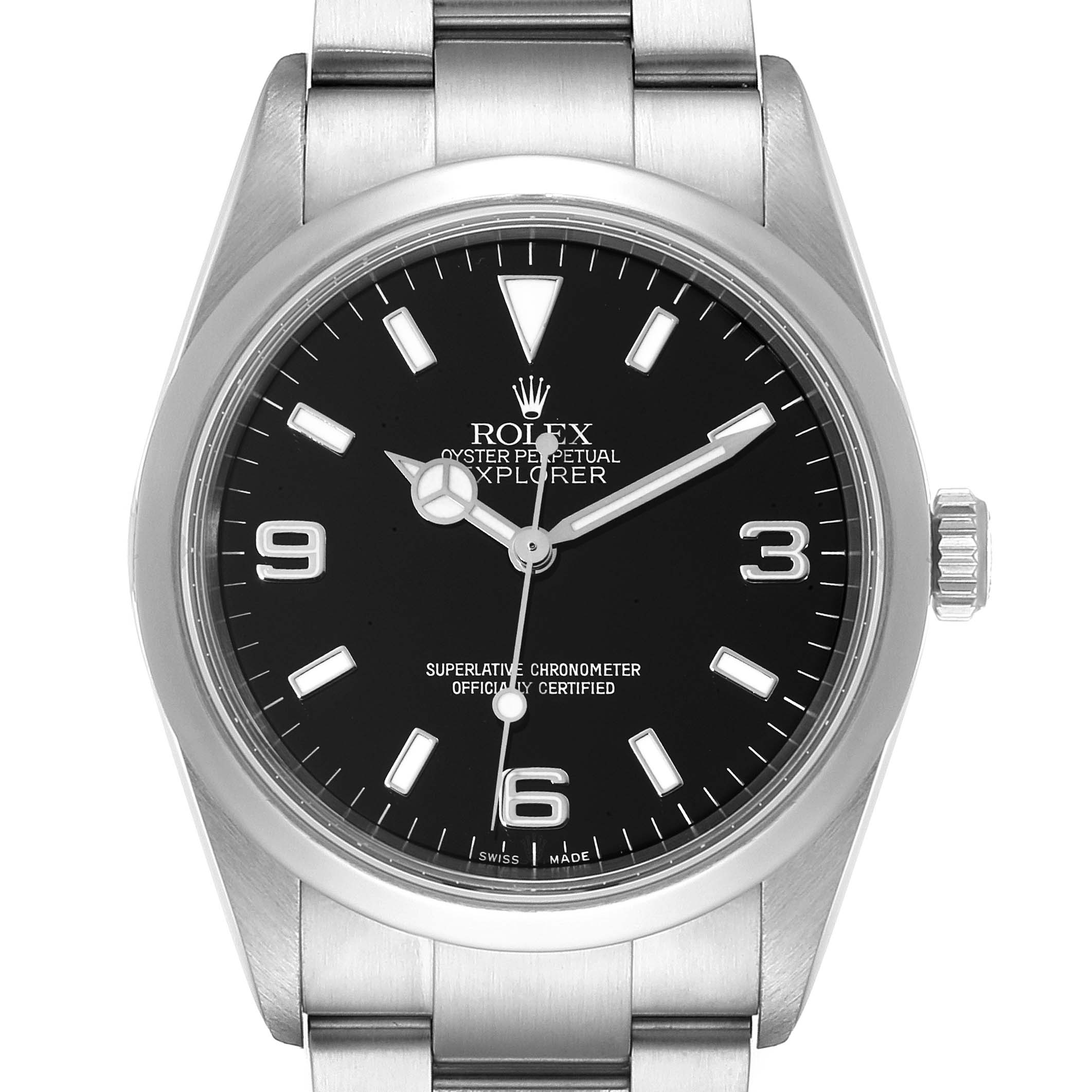This image shows a front view of a Rolex Explorer 114270 Men
s Stainless Steel Black Dial 114270 Men
s Stainless Steel Black Dial watch, highlighting its black dial, markers, hands, and steel bracelet.