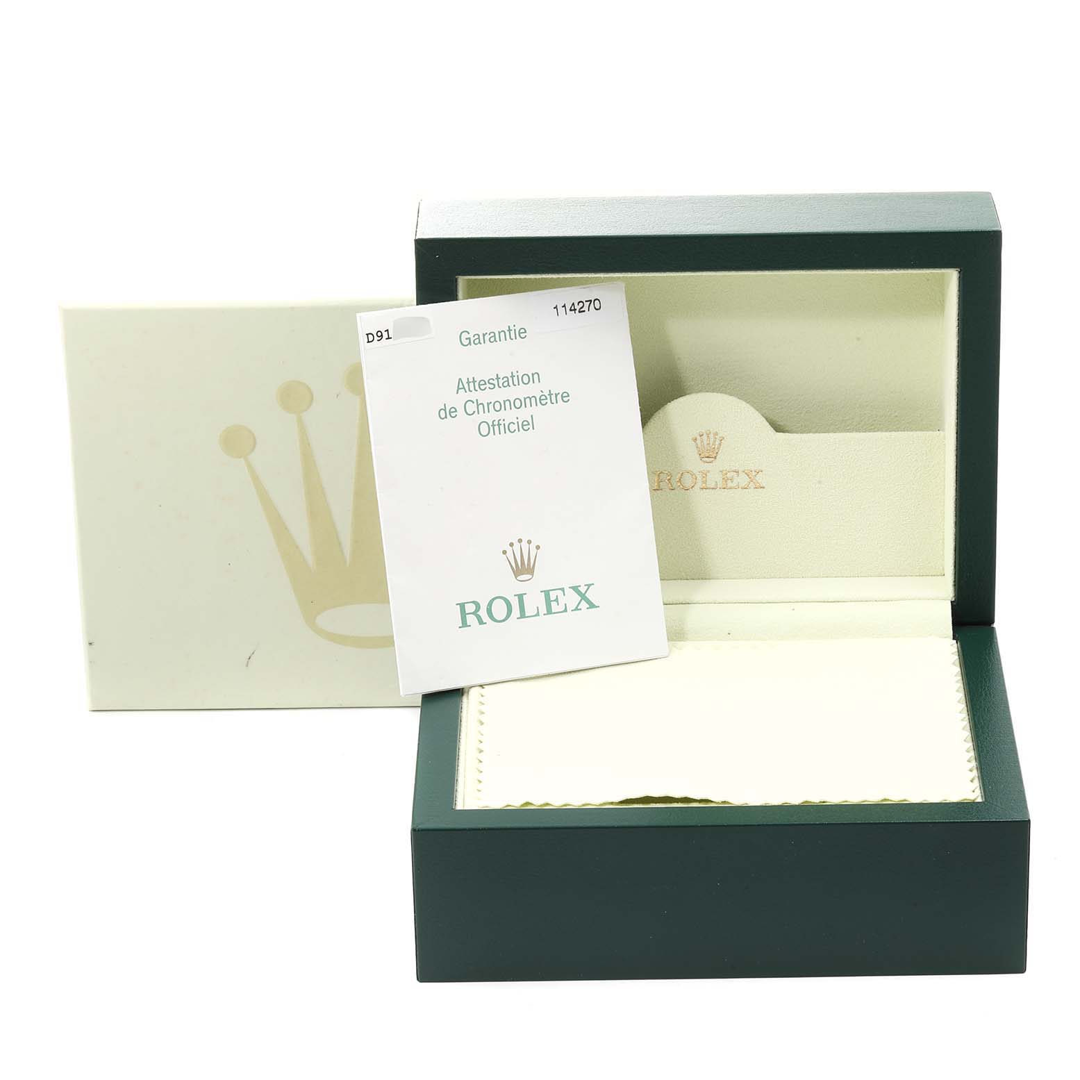 The image shows the packaging, warranty card, and certificate for the Rolex Explorer 114270 Men
s Stainless Steel Black Dial 114270 Men
s Stainless Steel Black Dial watch.