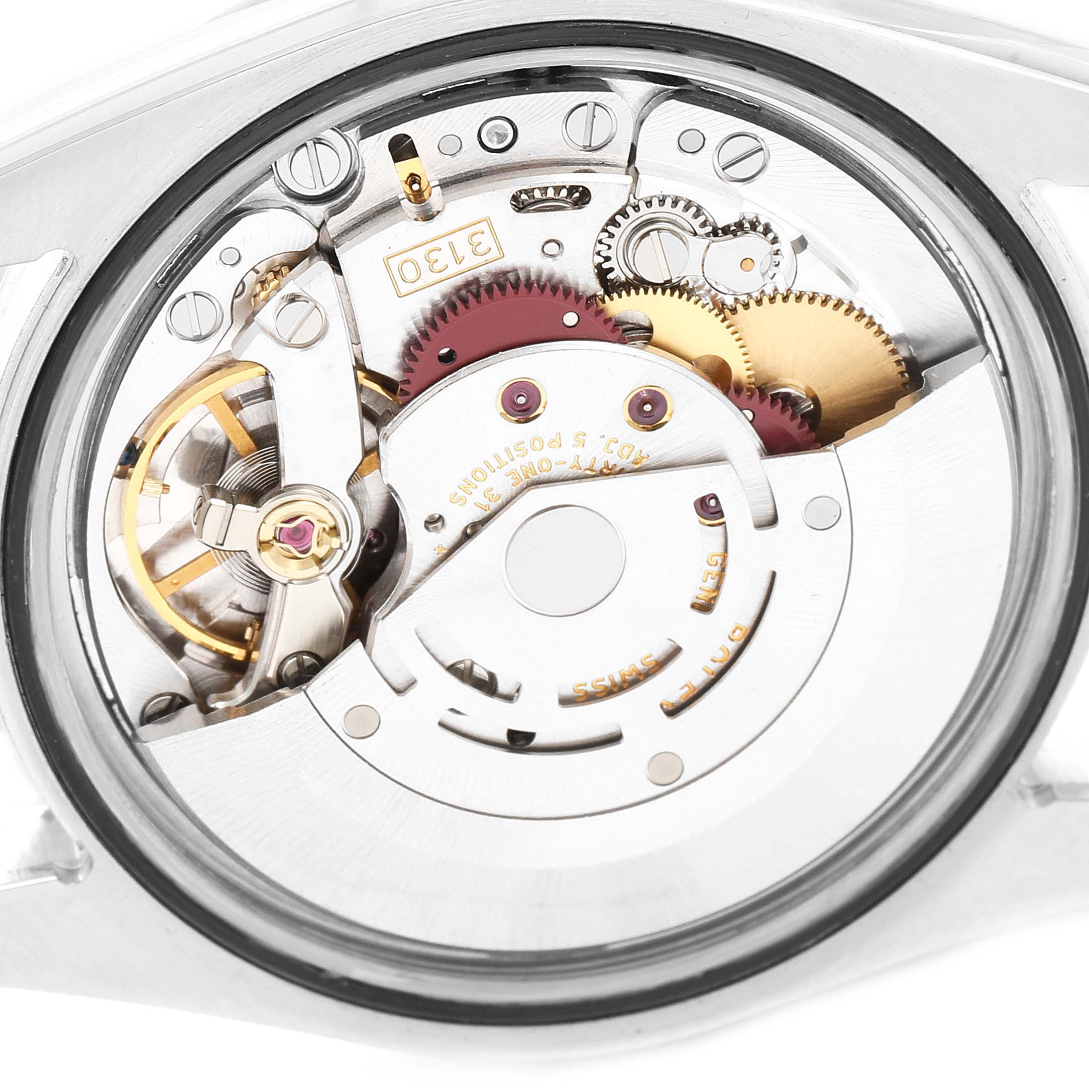 The image shows the internal mechanics and movement of a Rolex Explorer 114270 Men
s Stainless Steel Black Dial 114270 Men
s Stainless Steel Black Dial watch from a rear, open caseback angle.