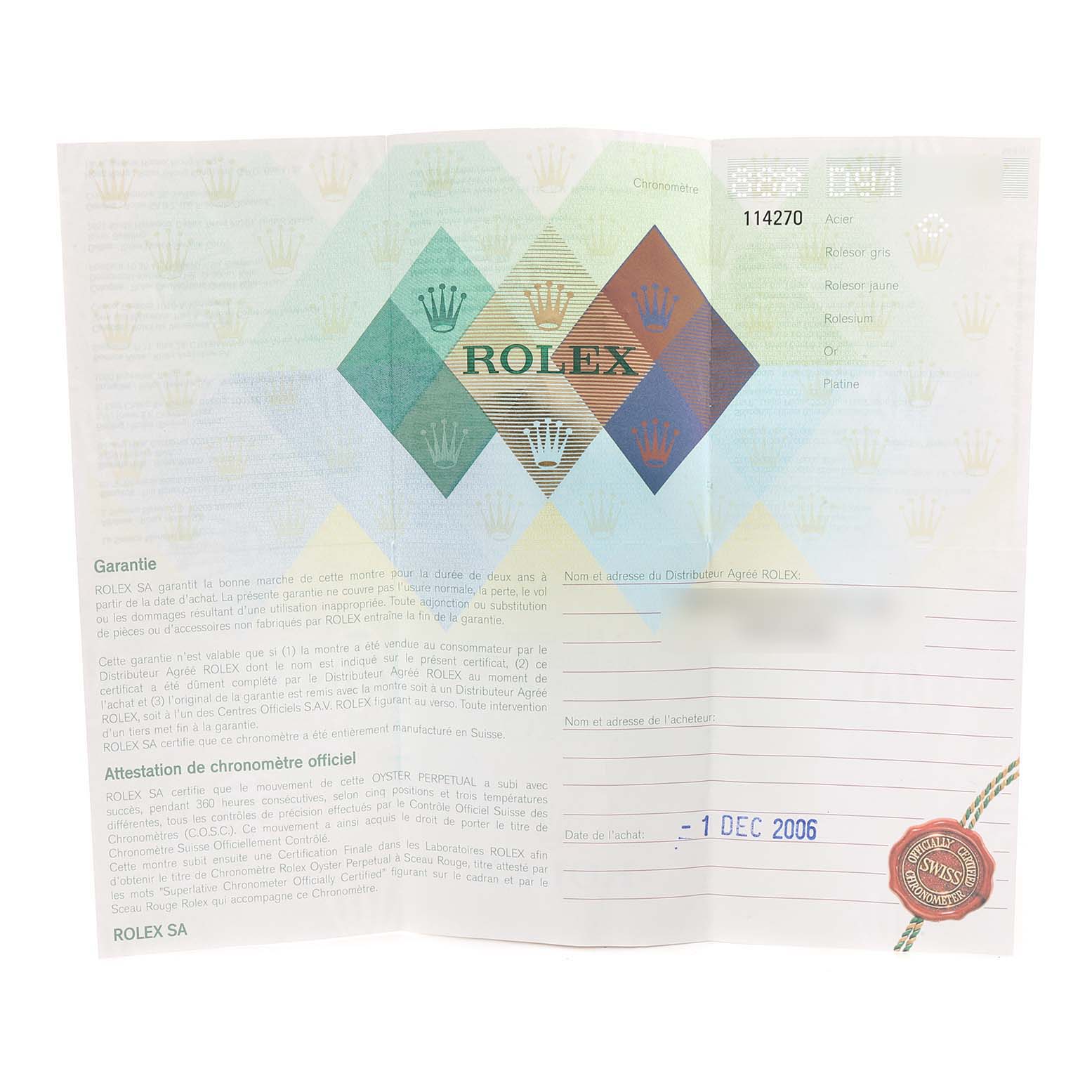 The image shows the warranty and chronometer certification documents for a Rolex Explorer 114270 Men
s Stainless Steel Black Dial 114270 Men
s Stainless Steel Black Dial model.