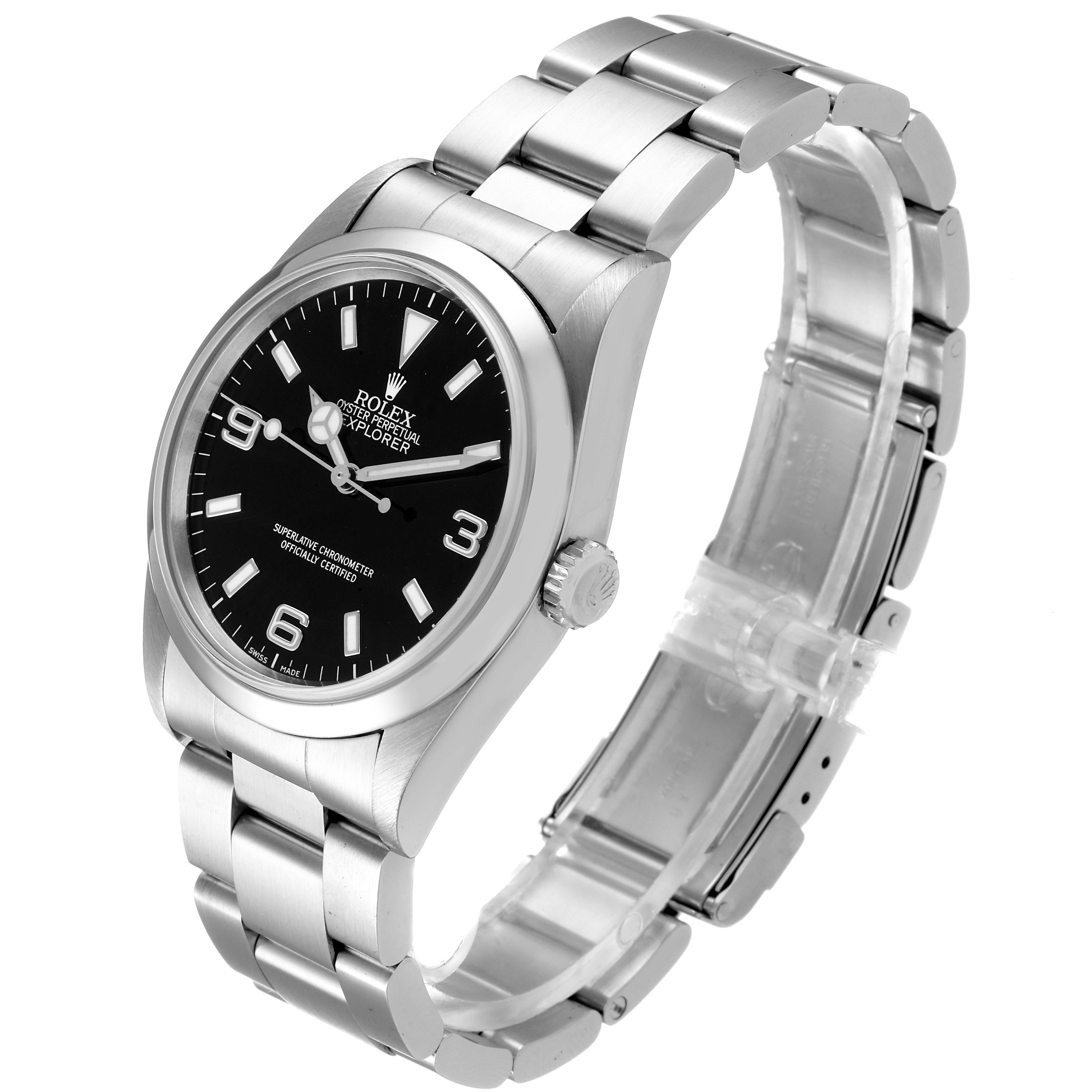The Rolex Explorer 14270 Men's Stainless Steel Black Dial 14270 Men's Stainless Steel Black Dial watch is shown at a 3/4 angle, displaying its black dial, stainless steel case, crown, and bracelet.