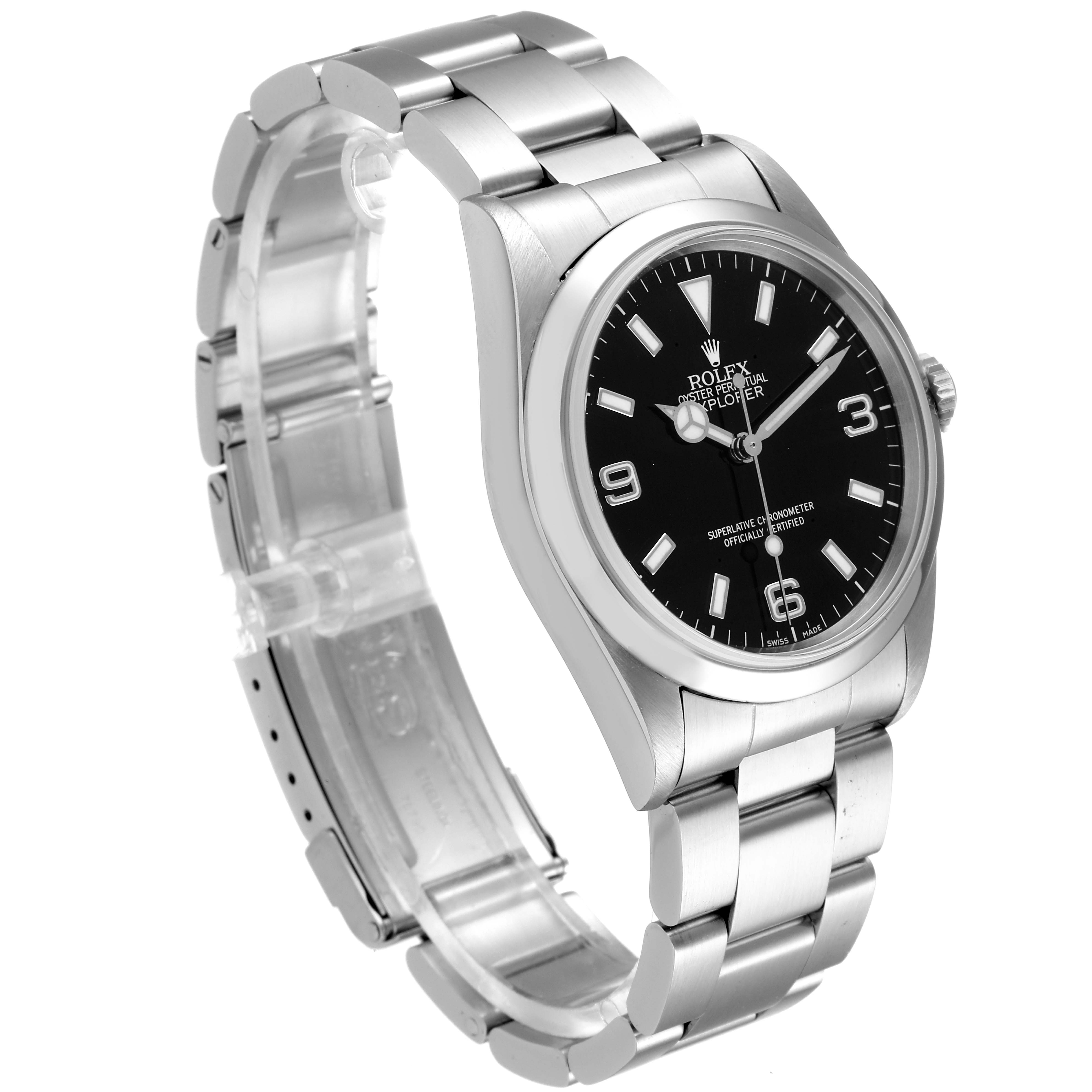 The image shows a side angle of a Rolex Explorer 14270 Men's Stainless Steel Black Dial 14270 Men's Stainless Steel Black Dial watch, highlighting the dial, bezel, and stainless steel bracelet.