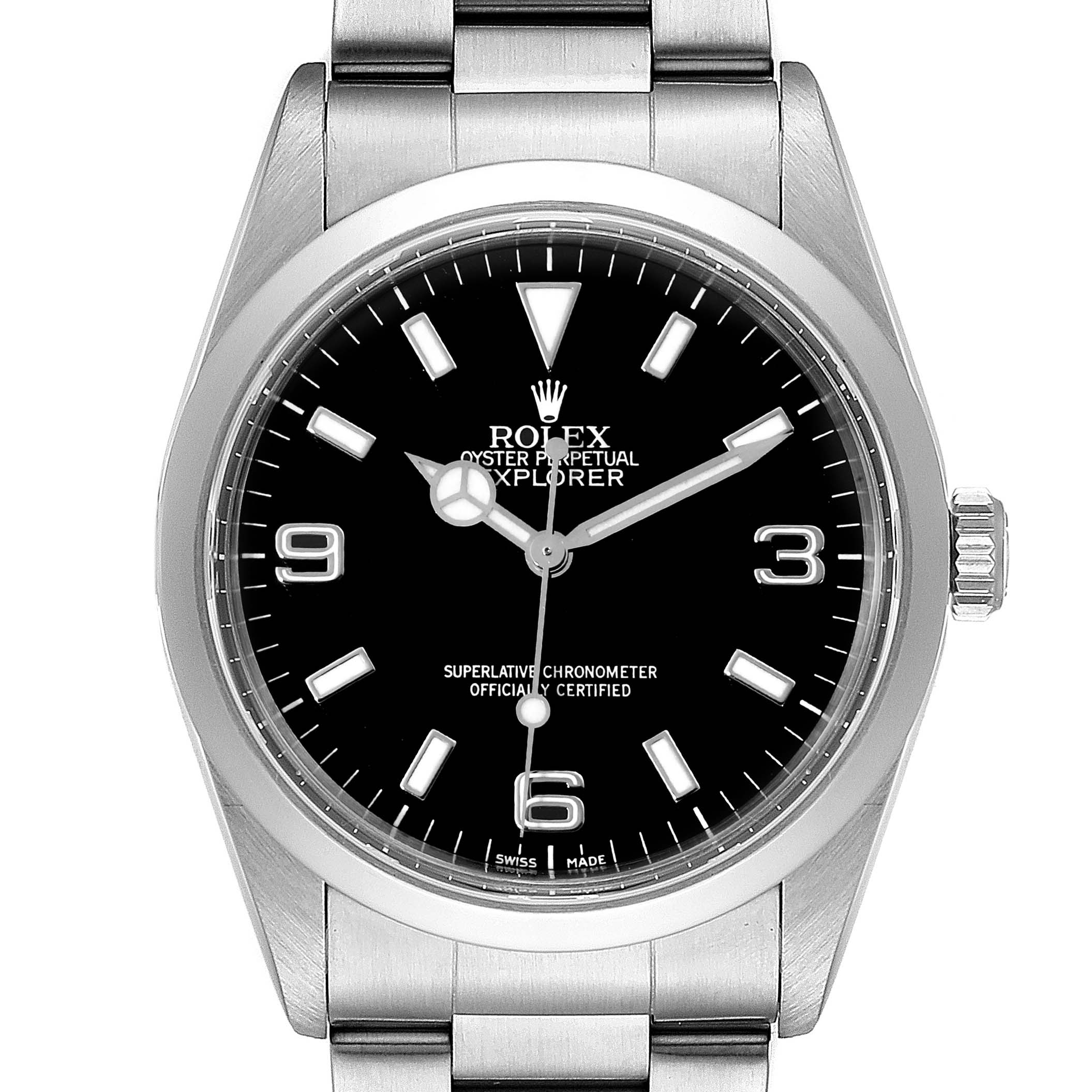 The image shows a front view of the Rolex Explorer 14270 Men's Stainless Steel Black Dial 14270 Men's Stainless Steel Black Dial watch, displaying its dial, hands, bezel, crown, and part of the bracelet.