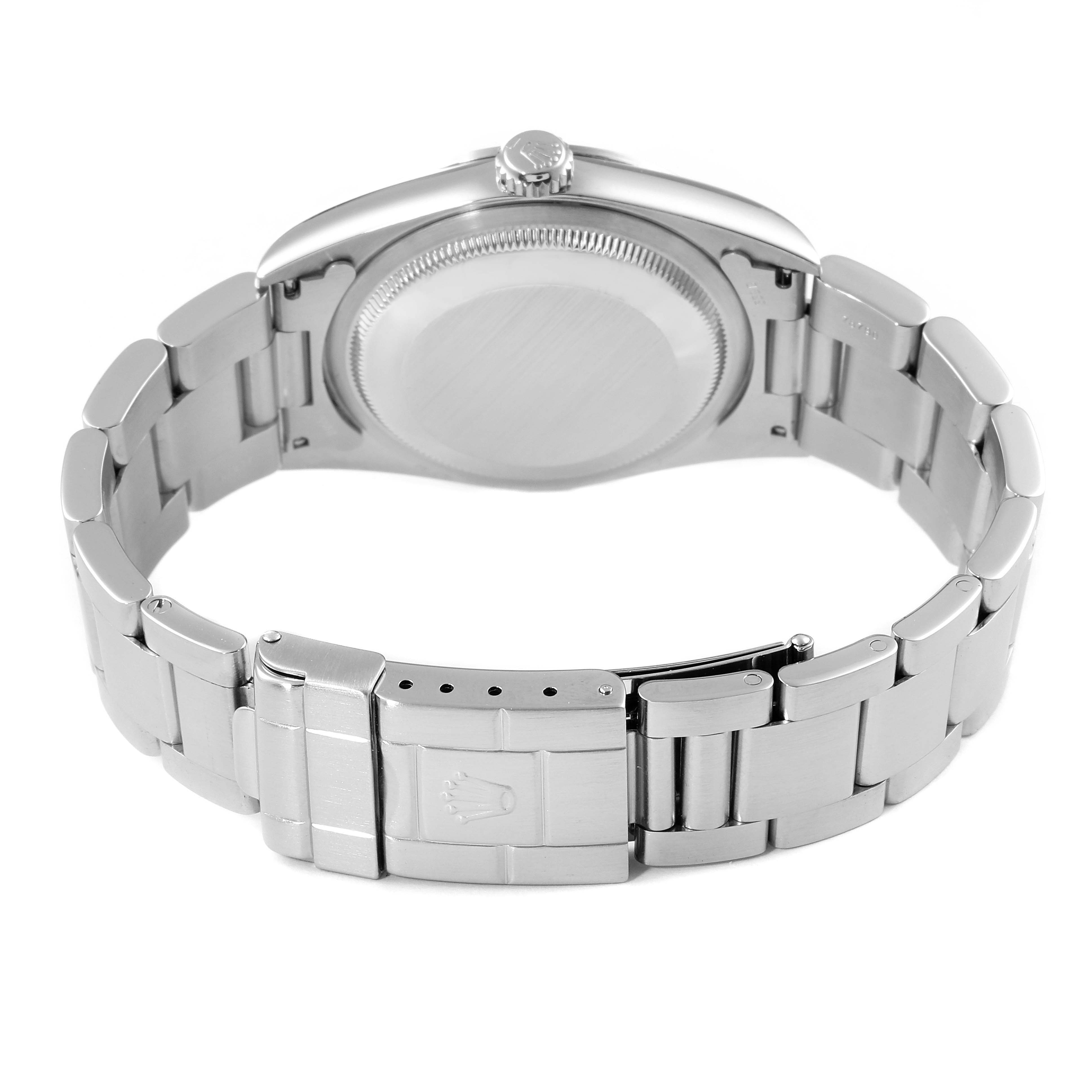 The image shows the back view of a Rolex Explorer 14270 Men's Stainless Steel Black Dial 14270 Men's Stainless Steel Black Dial watch, highlighting the case back, crown, and bracelet clasp.