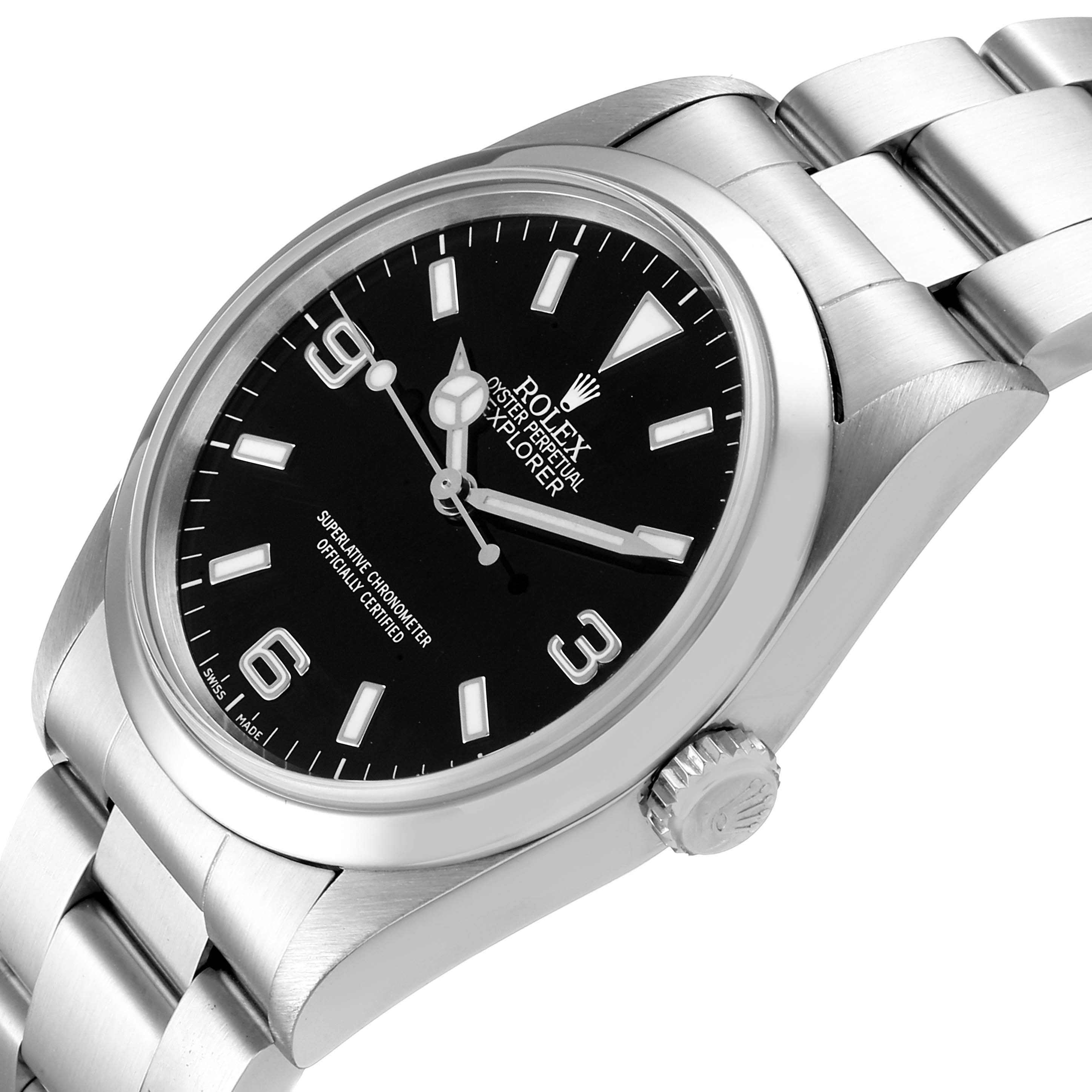 The image shows a Rolex Explorer 14270 Men's Stainless Steel Black Dial 14270 Men's Stainless Steel Black Dial watch at a slight angle, highlighting the dial, case, crown, and a portion of the bracelet.