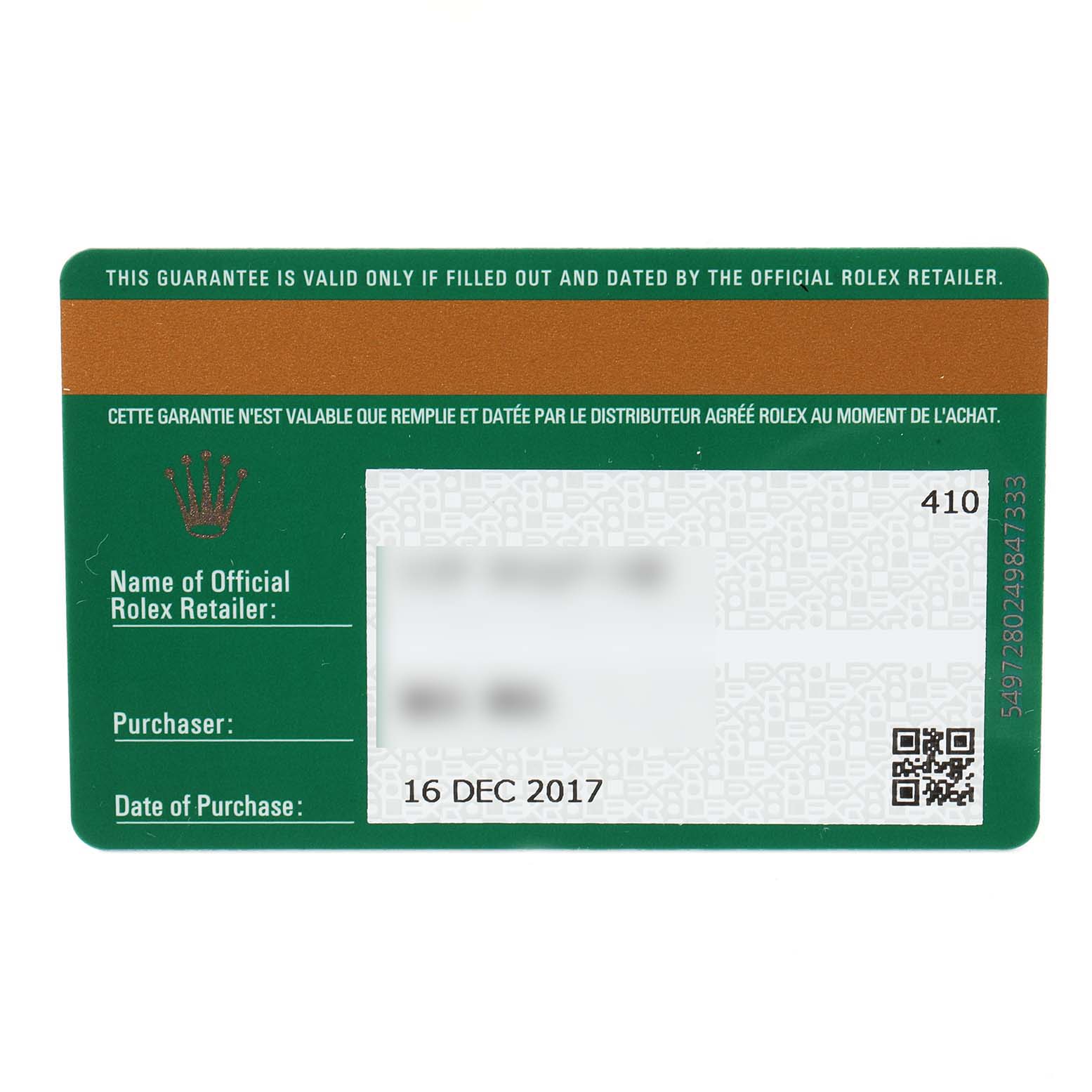 The image shows the warranty card for a Rolex Explorer 216570 Men
s Stainless Steel White Dial 216570 Men
s Stainless Steel White Dial watch, detailing purchase and retailer information.