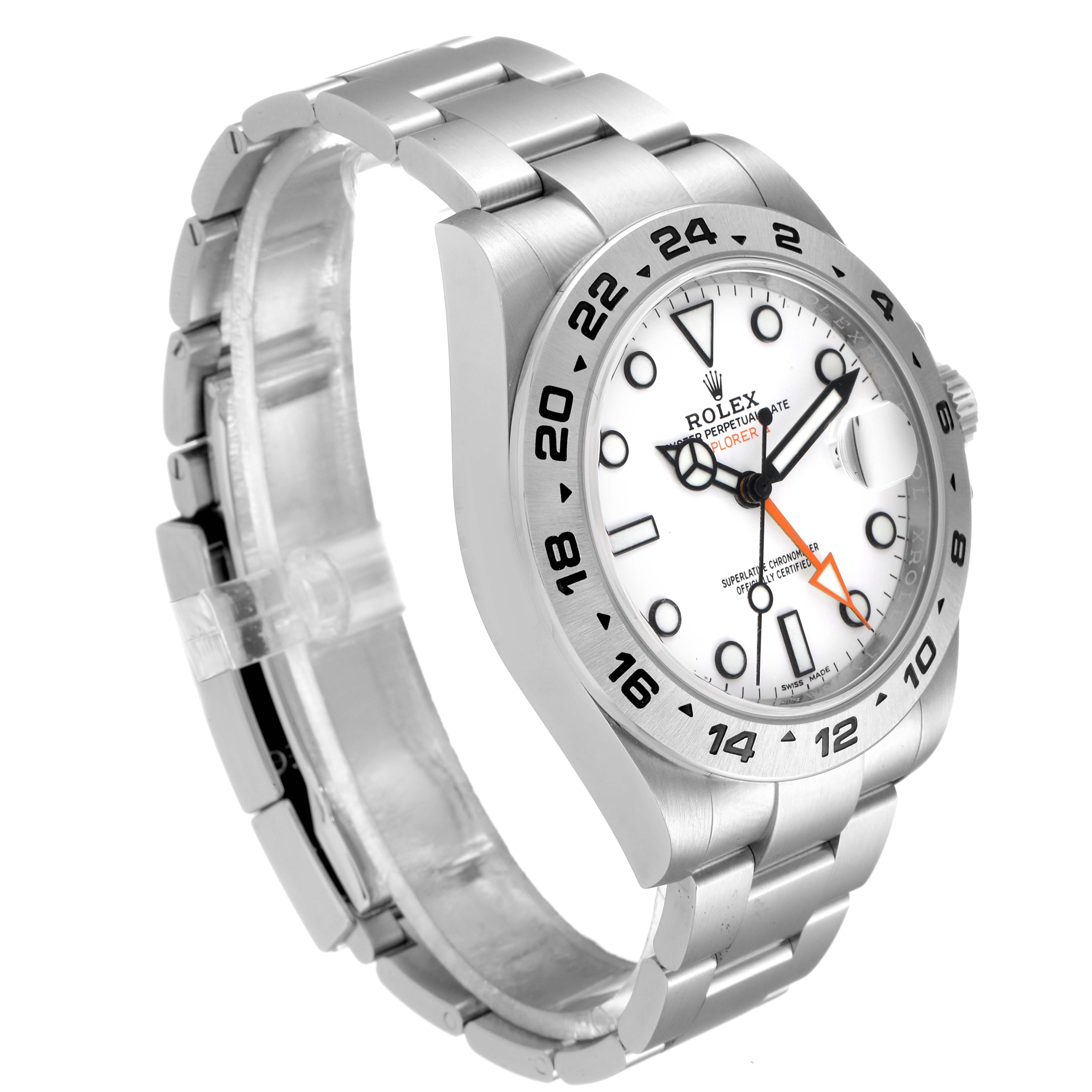 The image shows a side angle of a Rolex Explorer 216570 Men
s Stainless Steel White Dial 216570 Men
s Stainless Steel White Dial watch, highlighting the face, bezel, crown, and bracelet.