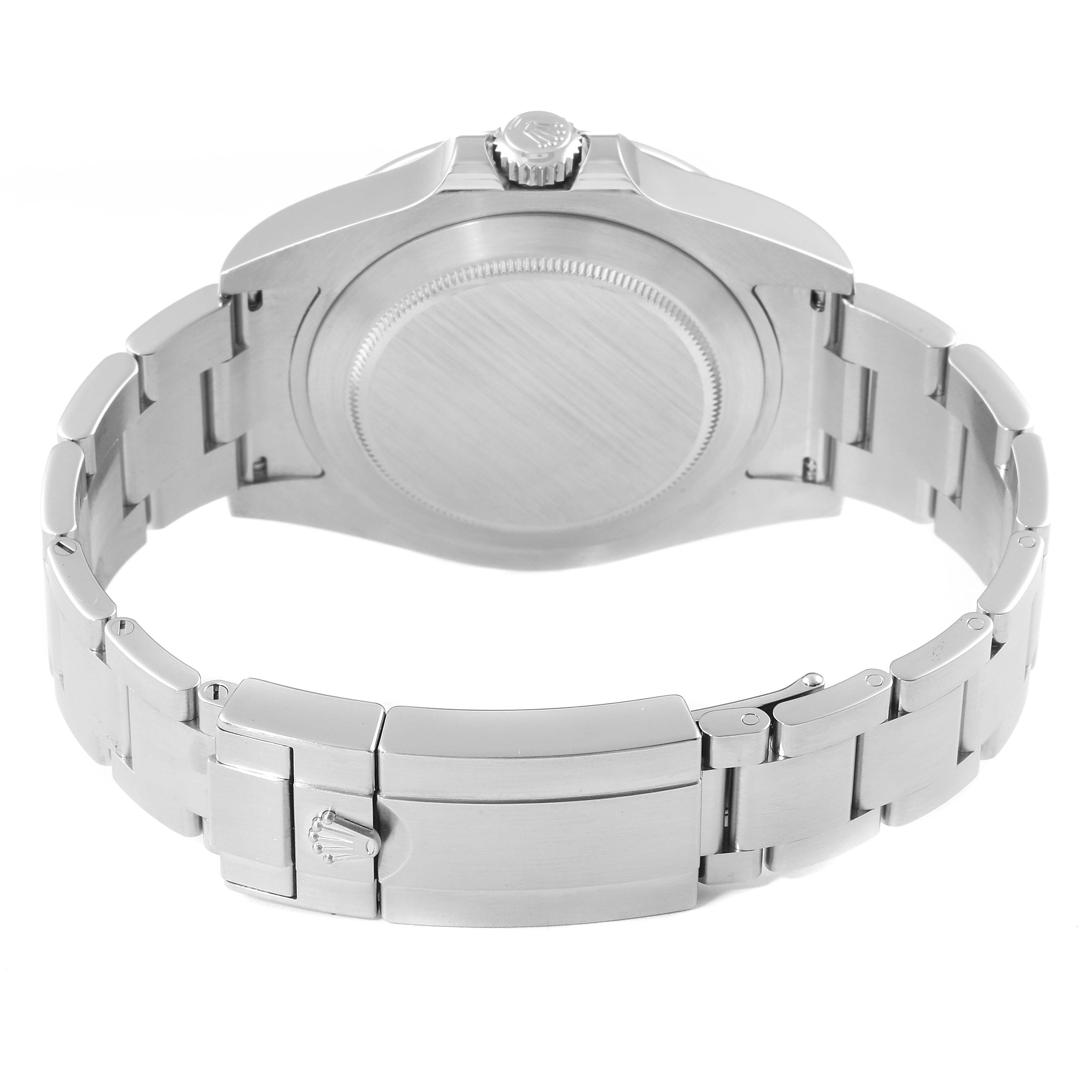 The Rolex Explorer 216570 Men
s Stainless Steel White Dial 216570 Men
s Stainless Steel White Dial watch is shown from the rear, displaying the case back, bracelet, and deployment clasp.
