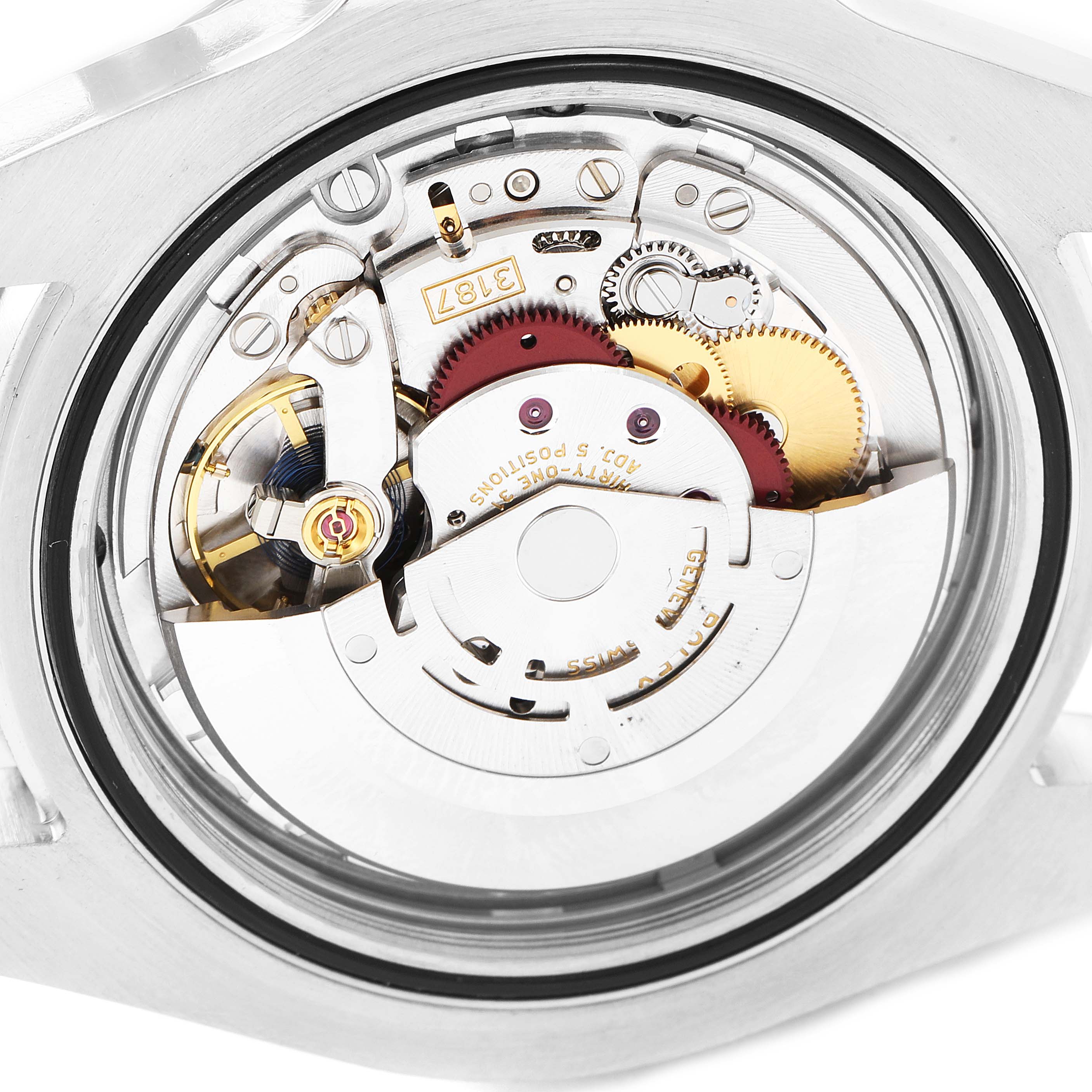 The image shows a close-up view of the movement mechanism of a Rolex Explorer 216570 Men
s Stainless Steel White Dial 216570 Men
s Stainless Steel White Dial watch.