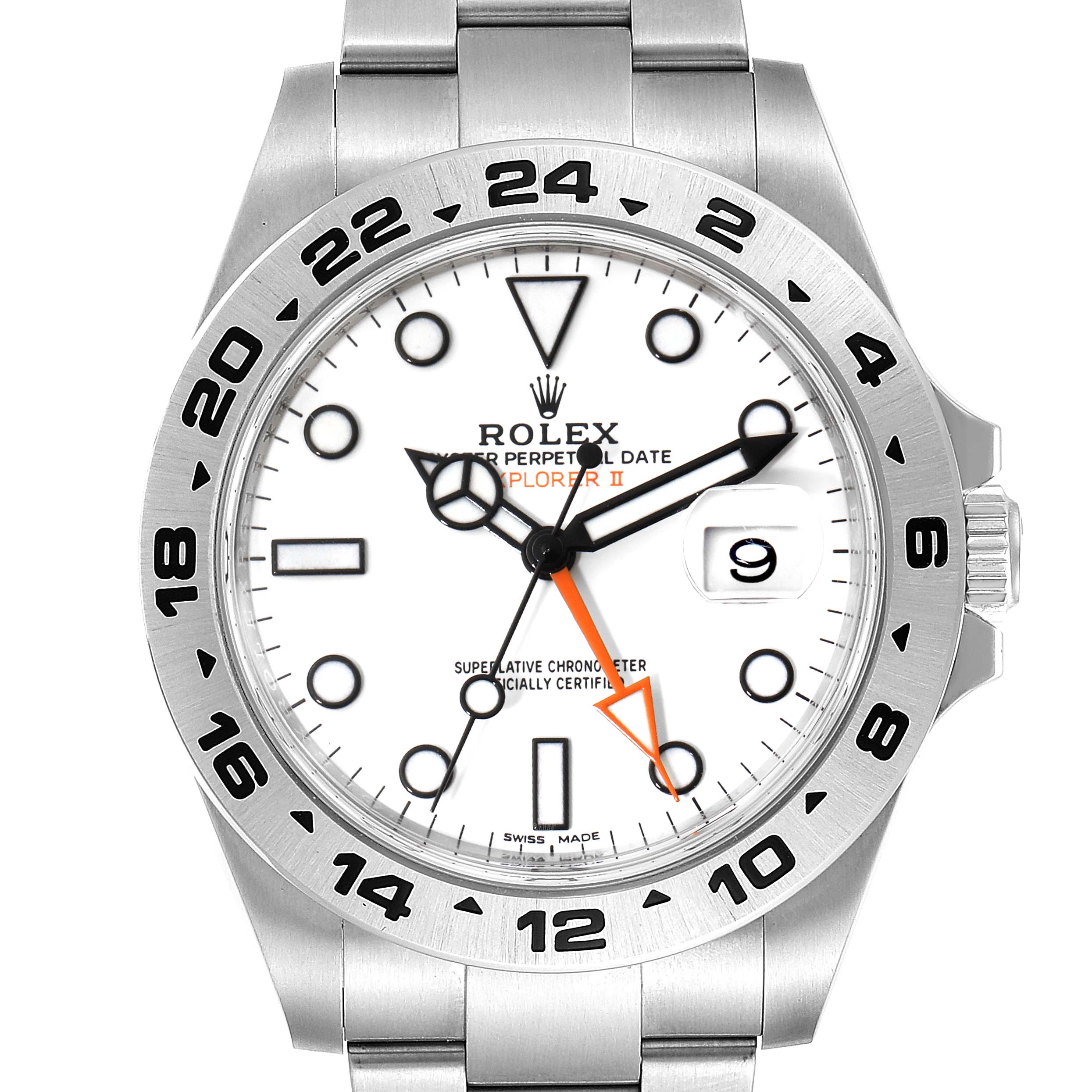 This image shows a head-on view of the Rolex Explorer 216570 Men
s Stainless Steel White Dial 216570 Men
s Stainless Steel White Dial watch, including the dial, bezel, crown, and part of the bracelet.