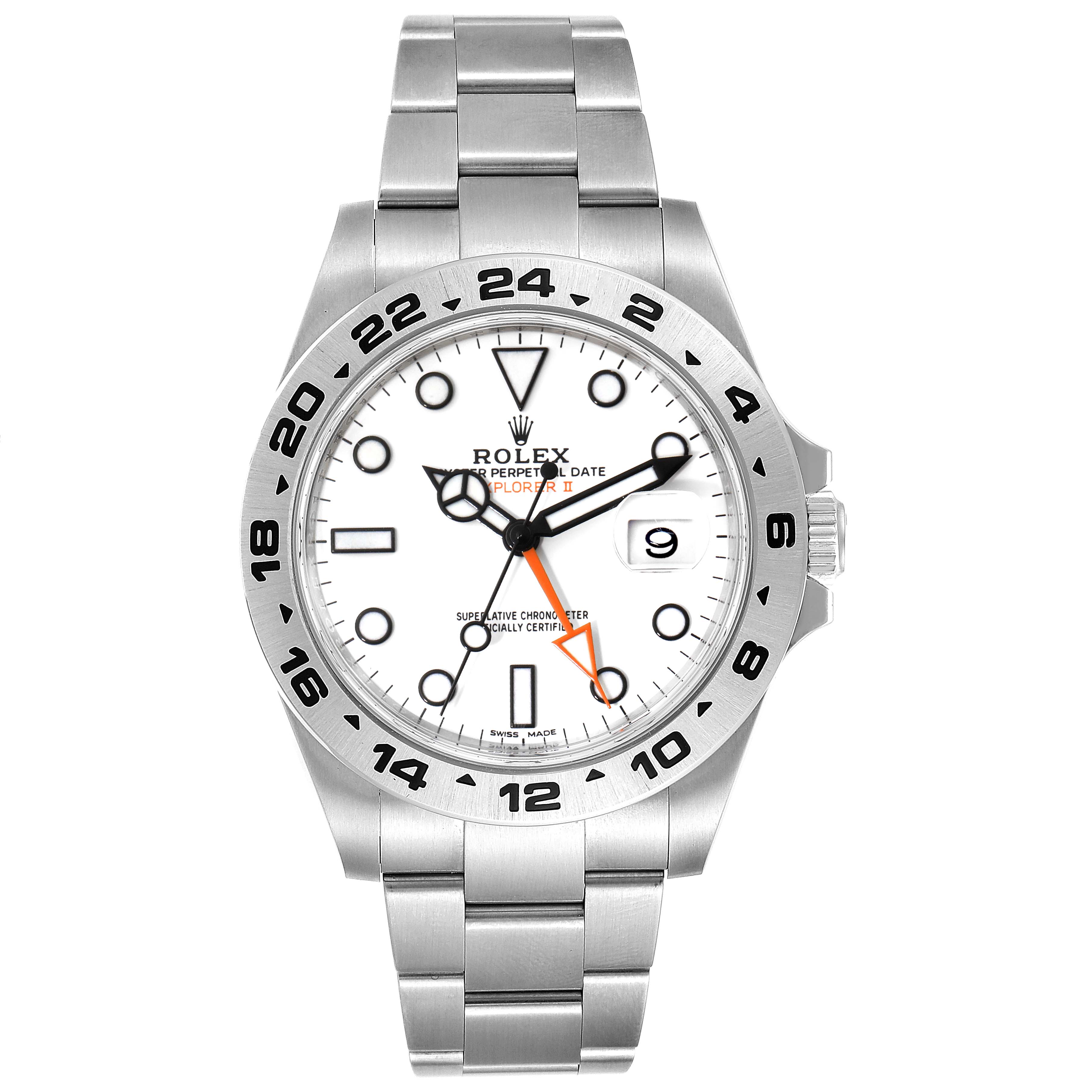 The Rolex Explorer 216570 Men
s Stainless Steel White Dial 216570 Men
s Stainless Steel White Dial watch is shown from a front angle, displaying the face, bezel, and bracelet.