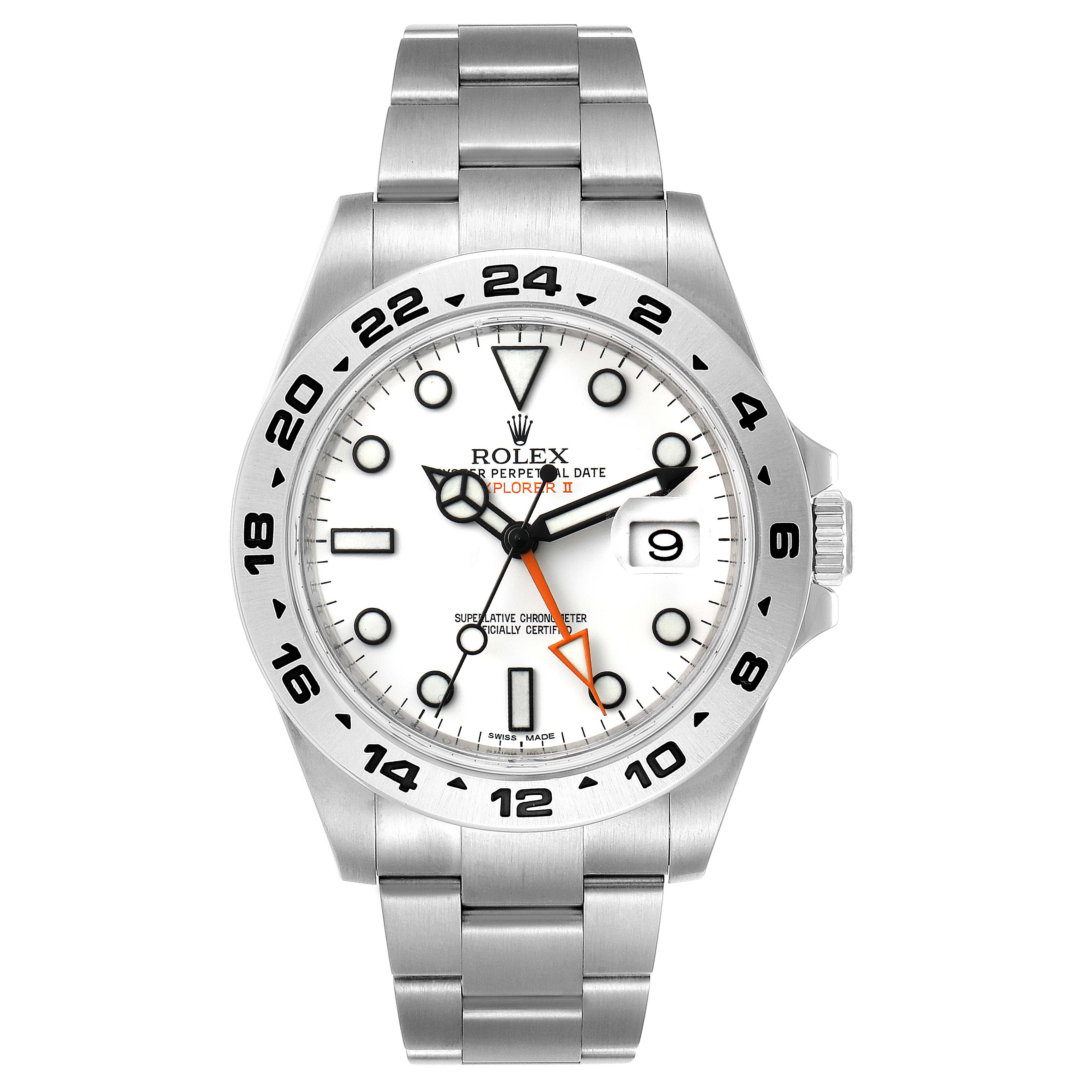 The Rolex Explorer 216570 Men
s Stainless Steel White Dial 216570 Men
s Stainless Steel White Dial watch is shown from a front angle, displaying the dial, bezel, and bracelet.