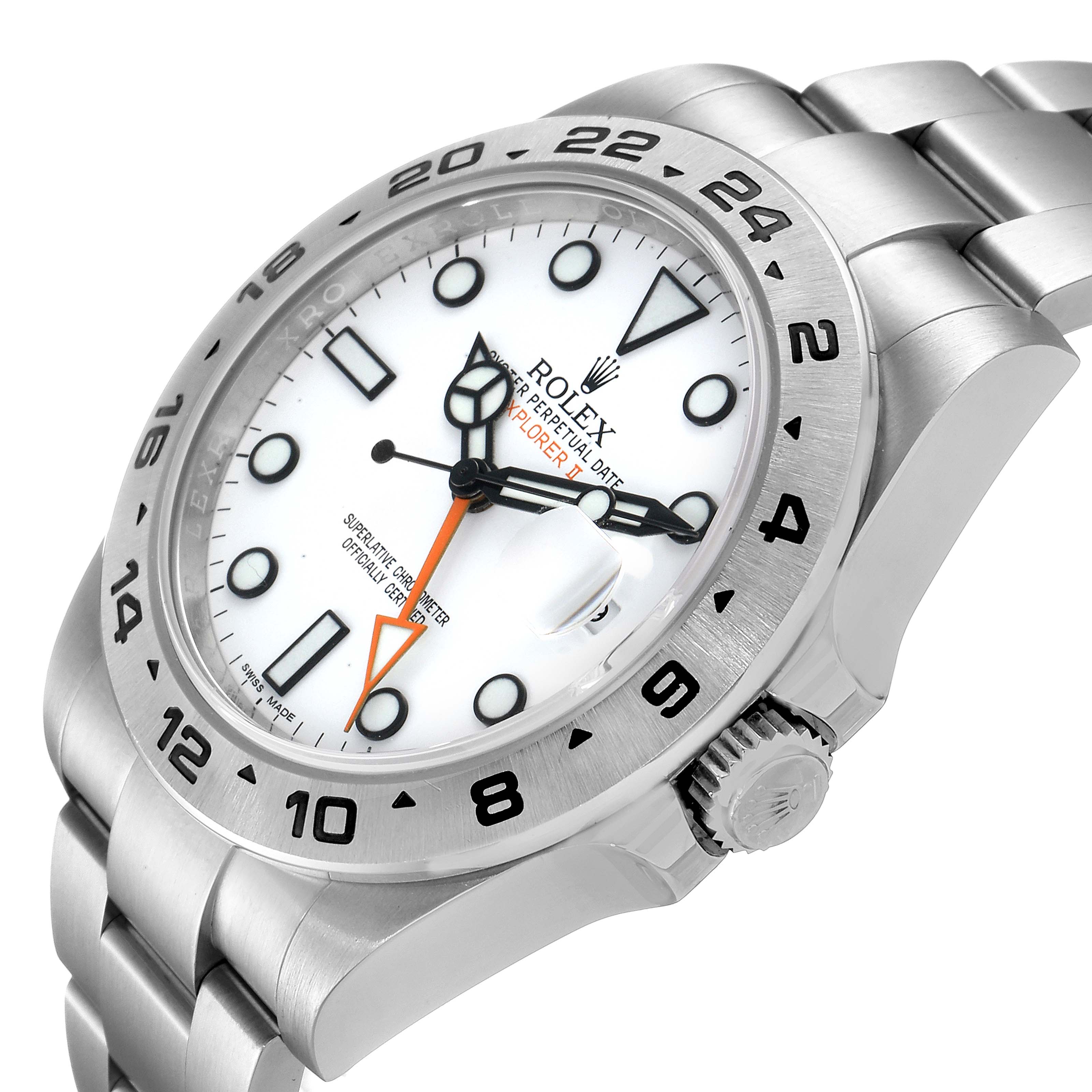 The image shows a close-up, angled view of a Rolex Explorer 216570 Men
s Stainless Steel White Dial 216570 Men
s Stainless Steel White Dial watch, detailing its white dial, bezel, and part of the bracelet.