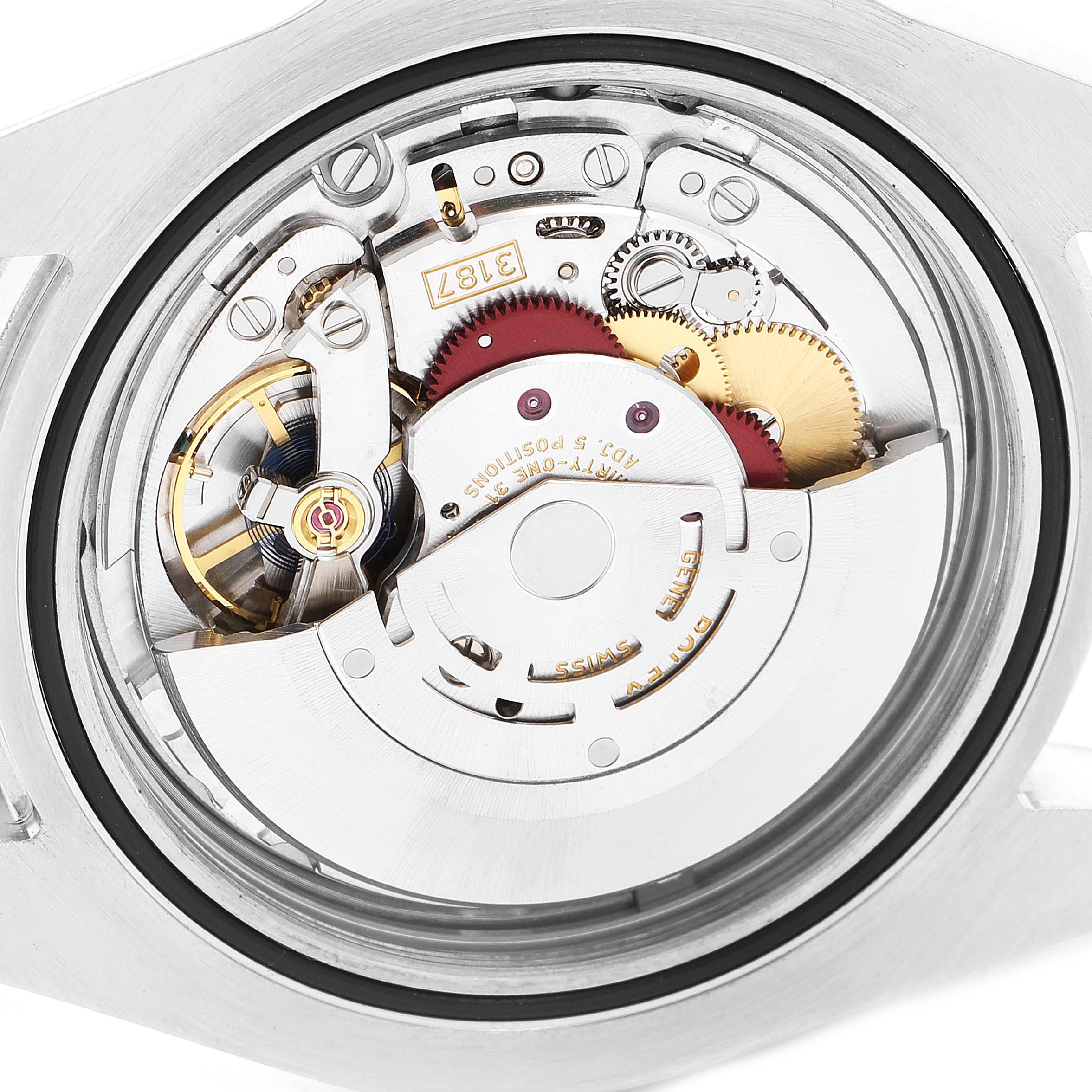 The image shows the movement and inner mechanisms of a Rolex Explorer 216570 Men
s Stainless Steel White Dial 216570 Men
s Stainless Steel White Dial watch from a close-up, top view.