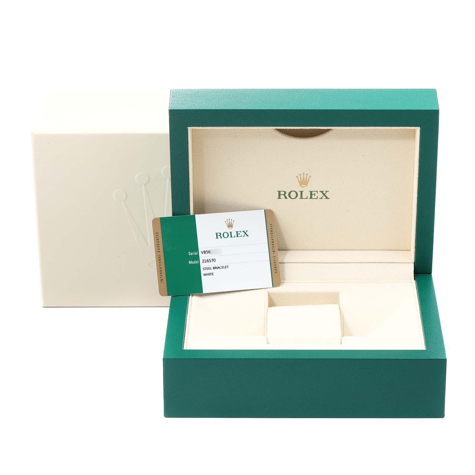 This image shows an open green Rolex Explorer 216570 Men
s Stainless Steel White Dial 216570 Men
s Stainless Steel White Dial watch box with its tag, viewed from the front angle.