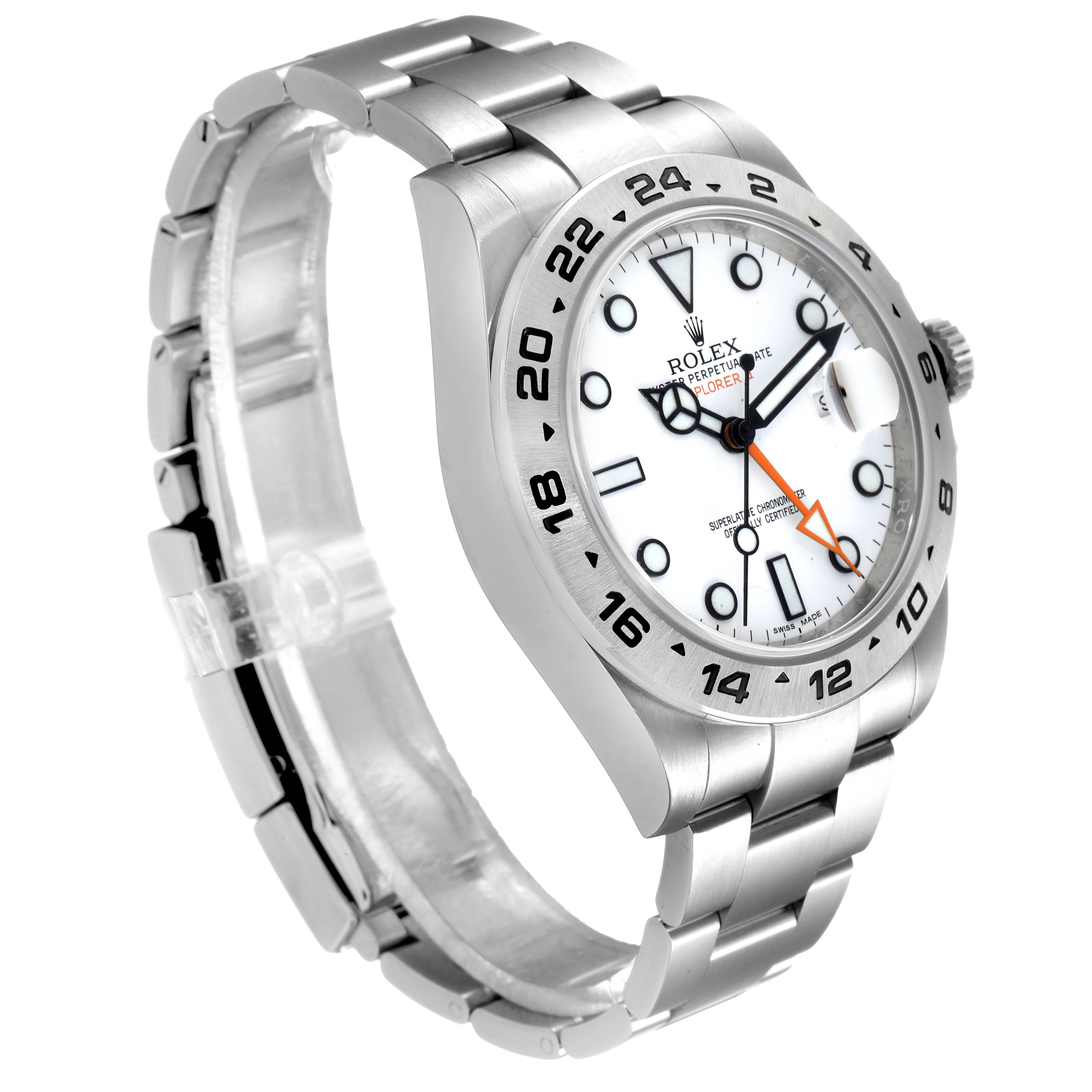 This image shows a side angle of a Rolex Explorer 216570 Men
s Stainless Steel White Dial 216570 Men
s Stainless Steel White Dial watch, featuring its stainless steel bracelet, bezel, and white dial.