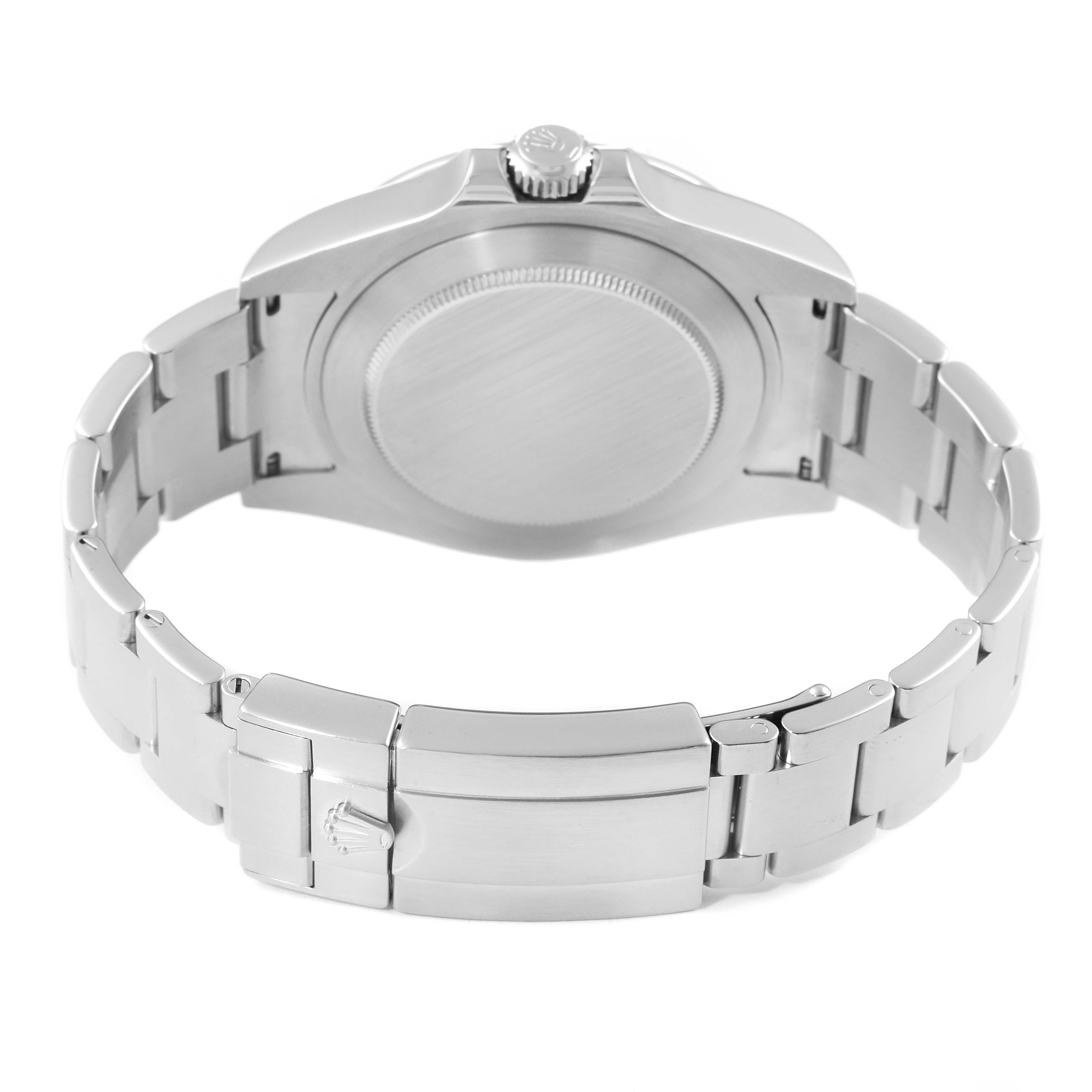 This image shows the back view of the Rolex Explorer 216570 Men
s Stainless Steel White Dial 216570 Men
s Stainless Steel White Dial watch, highlighting its clasp, bracelet, and case back.