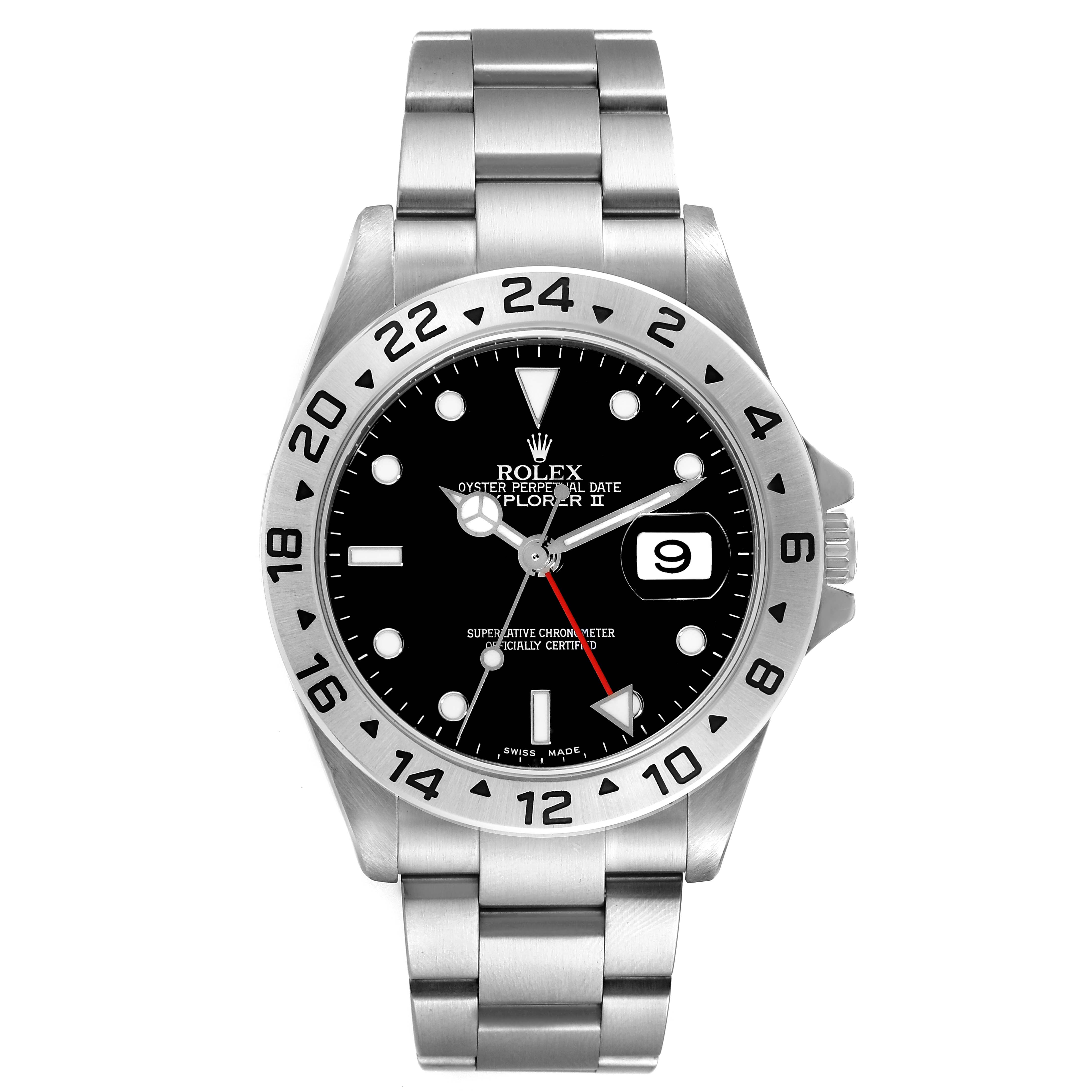 The image shows a front view of the Rolex Explorer 16570 Men's Stainless Steel Black Dial 16570 Men's Stainless Steel Black Dial watch, displaying its dial, bezel, and bracelet.