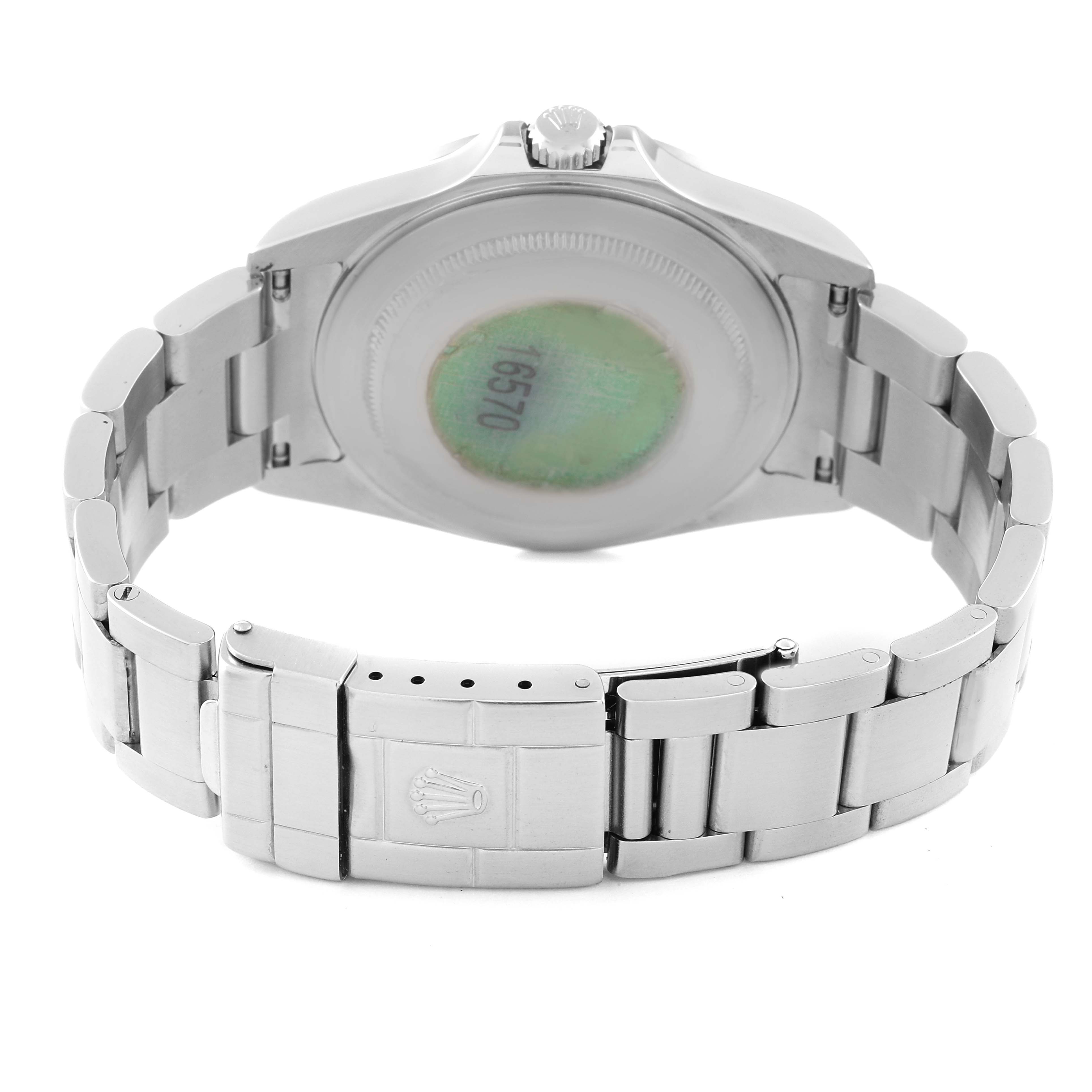 This image shows the back view of a Rolex Explorer 16570 Men's Stainless Steel Black Dial 16570 Men's Stainless Steel Black Dial watch, including the bracelet and clasp.