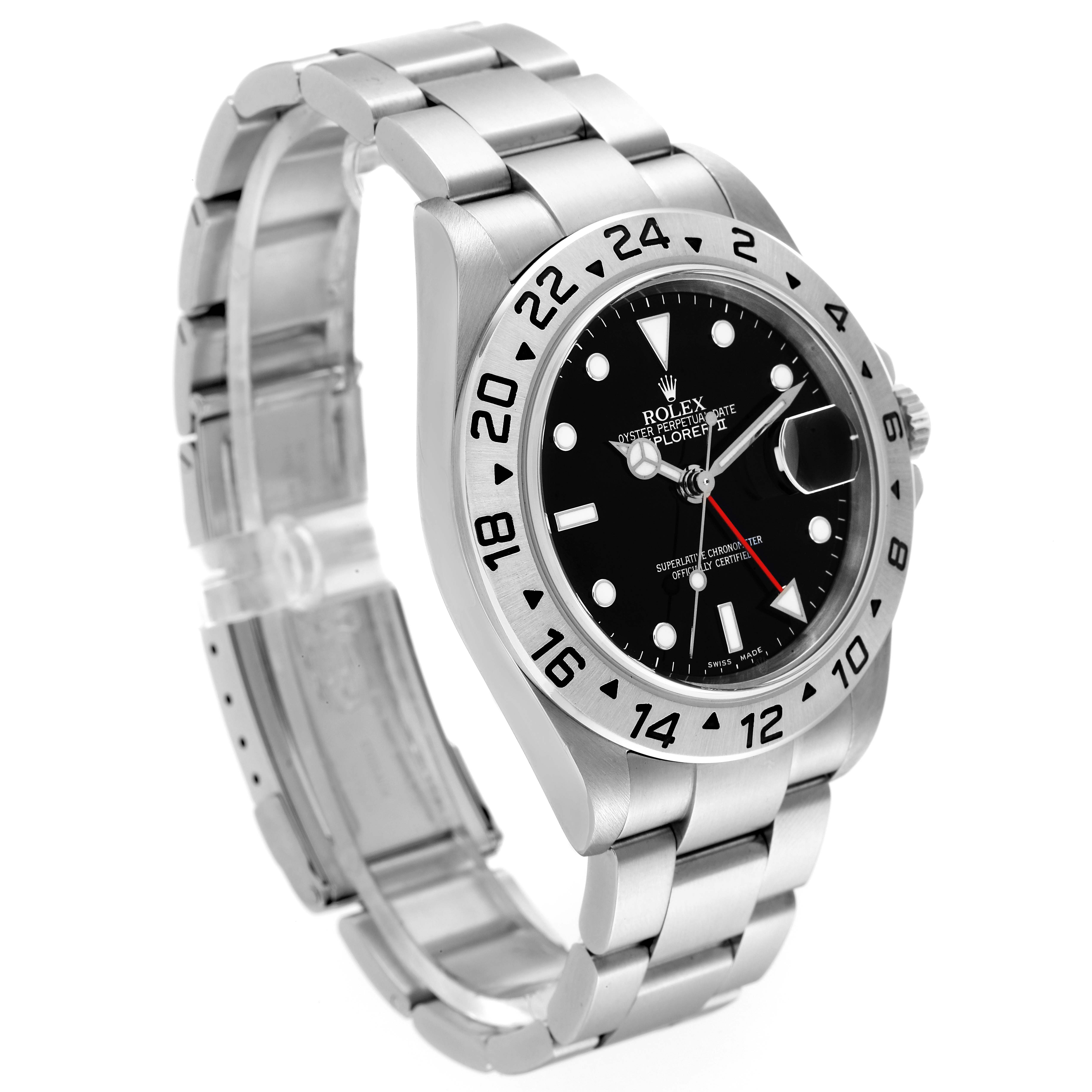 The Rolex Explorer 16570 Men's Stainless Steel Black Dial 16570 Men's Stainless Steel Black Dial model is shown at an angle highlighting its face, bezel, crown, and bracelet.
