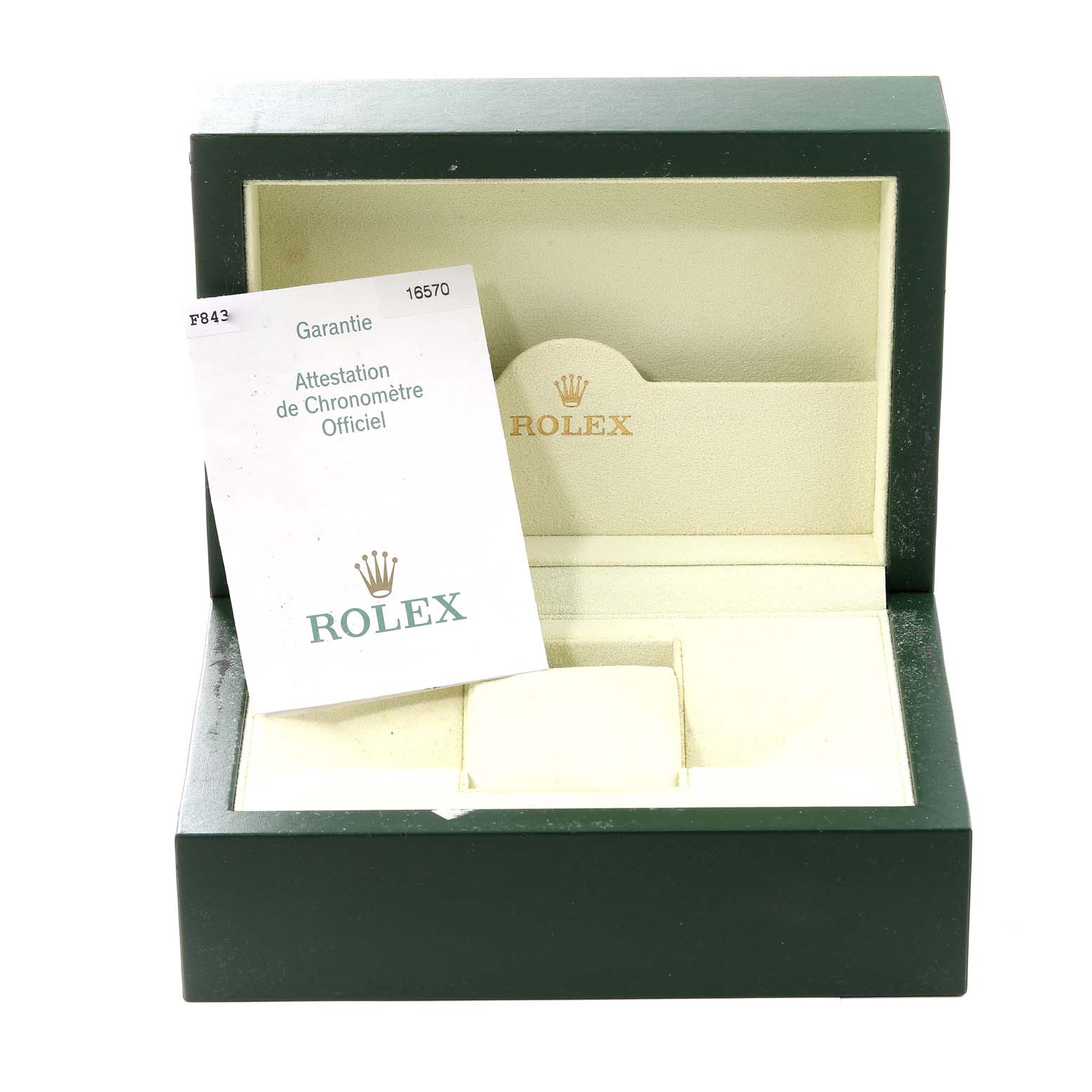 The image shows an open green Rolex watch box with a warranty card for the Rolex Explorer 16570 Men's Stainless Steel Black Dial 16570 Men's Stainless Steel Black Dial model.