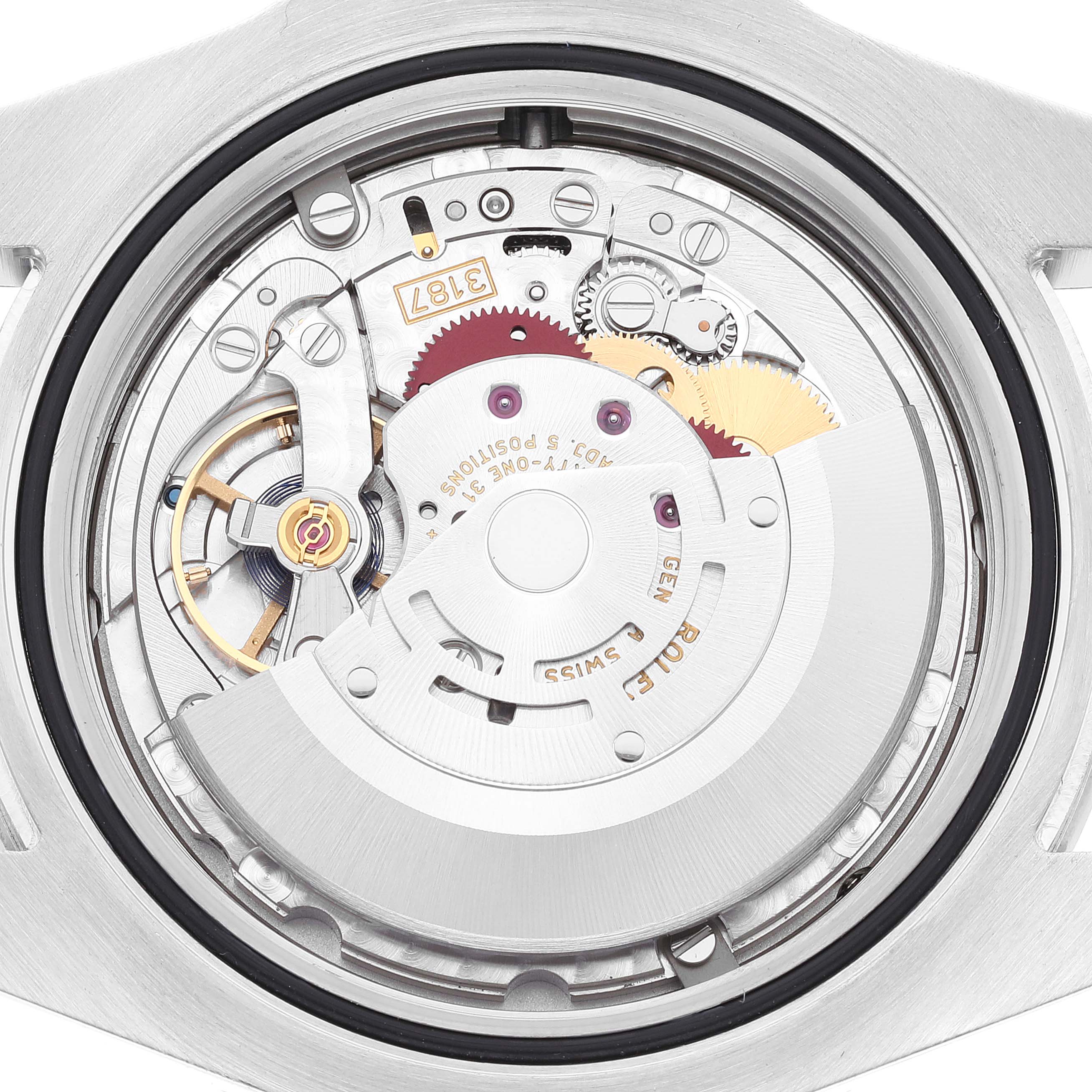 The image shows the intricate inner mechanism of the Rolex Explorer 216570 Men
s Stainless Steel Black Dial 216570 Men
s Stainless Steel Black Dial watch from a direct, face-up angle.