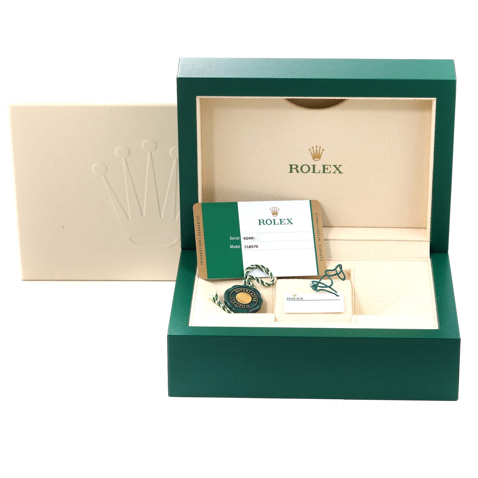 The image shows an open Rolex Explorer 216570 Men
s Stainless Steel Black Dial 216570 Men
s Stainless Steel Black Dial watch box with Best Quality
ation card, tag, and accessories inside.