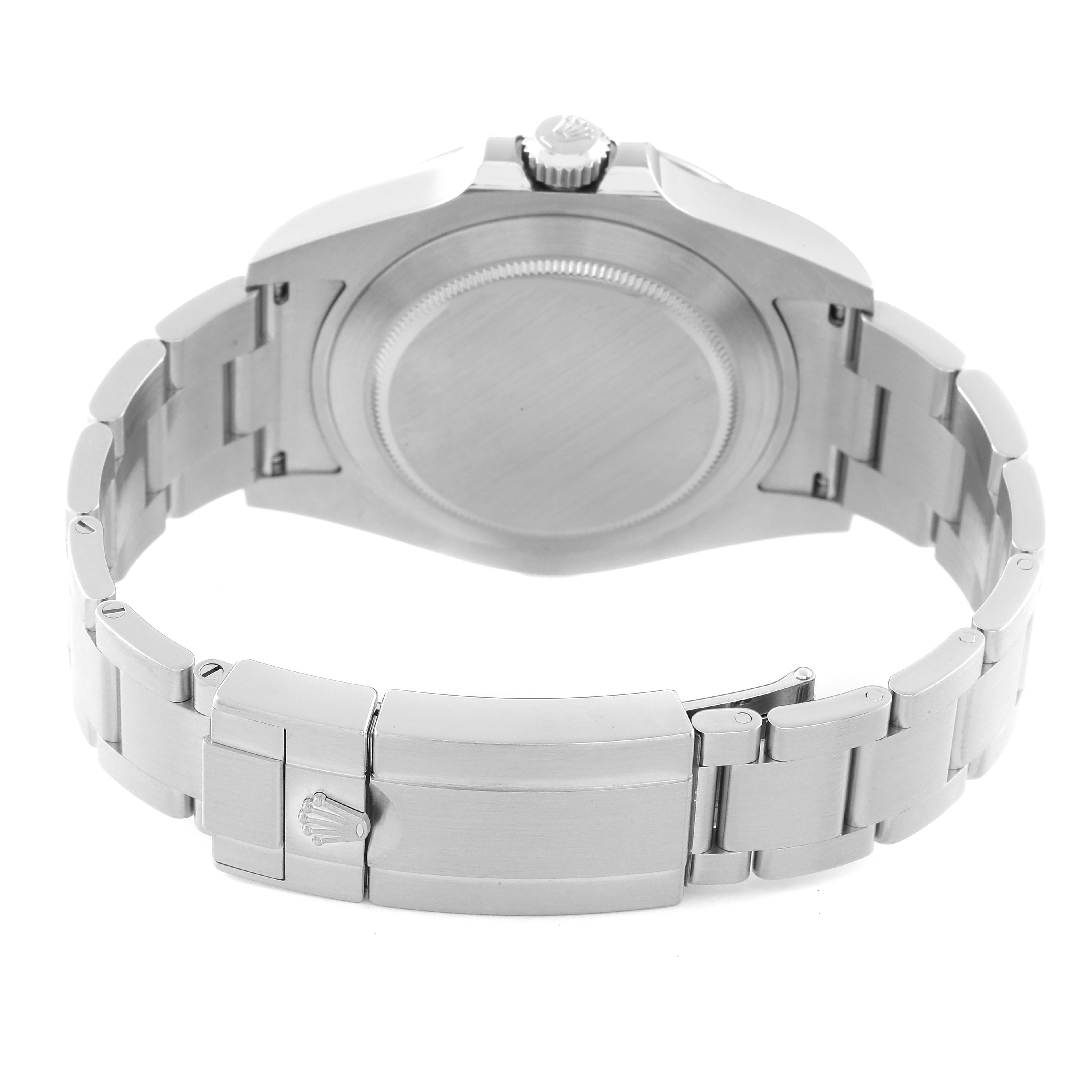 This image shows the back case and bracelet, including the clasp, of a Rolex Explorer 216570 Men
s Stainless Steel Black Dial 216570 Men
s Stainless Steel Black Dial watch.